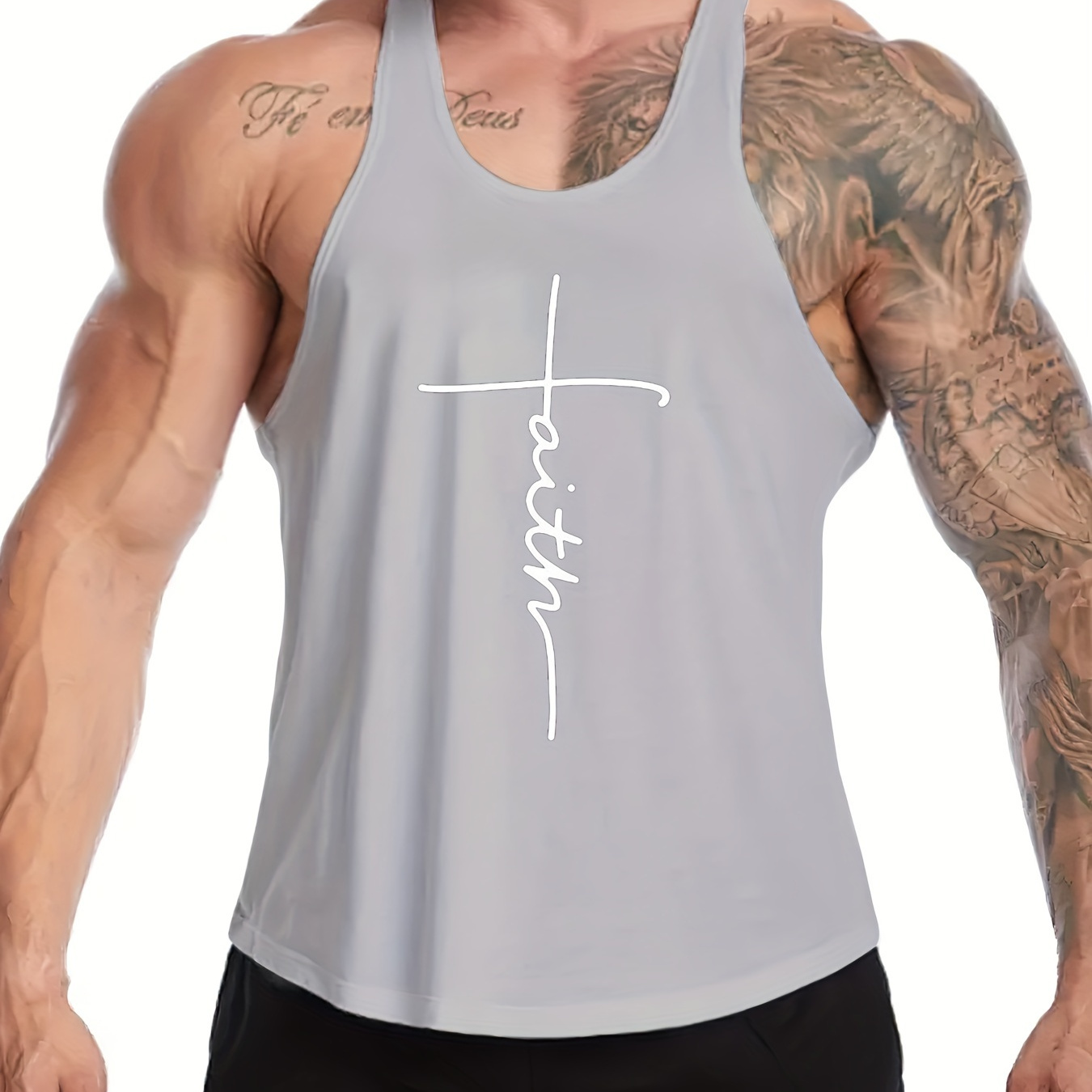 

Faith Letter Print Summer Men's Quick Dry Moisture-wicking Breathable Tank Tops, Athletic Gym Bodybuilding Sports Sleeveless Shirts, For Running Training, Men's Clothing