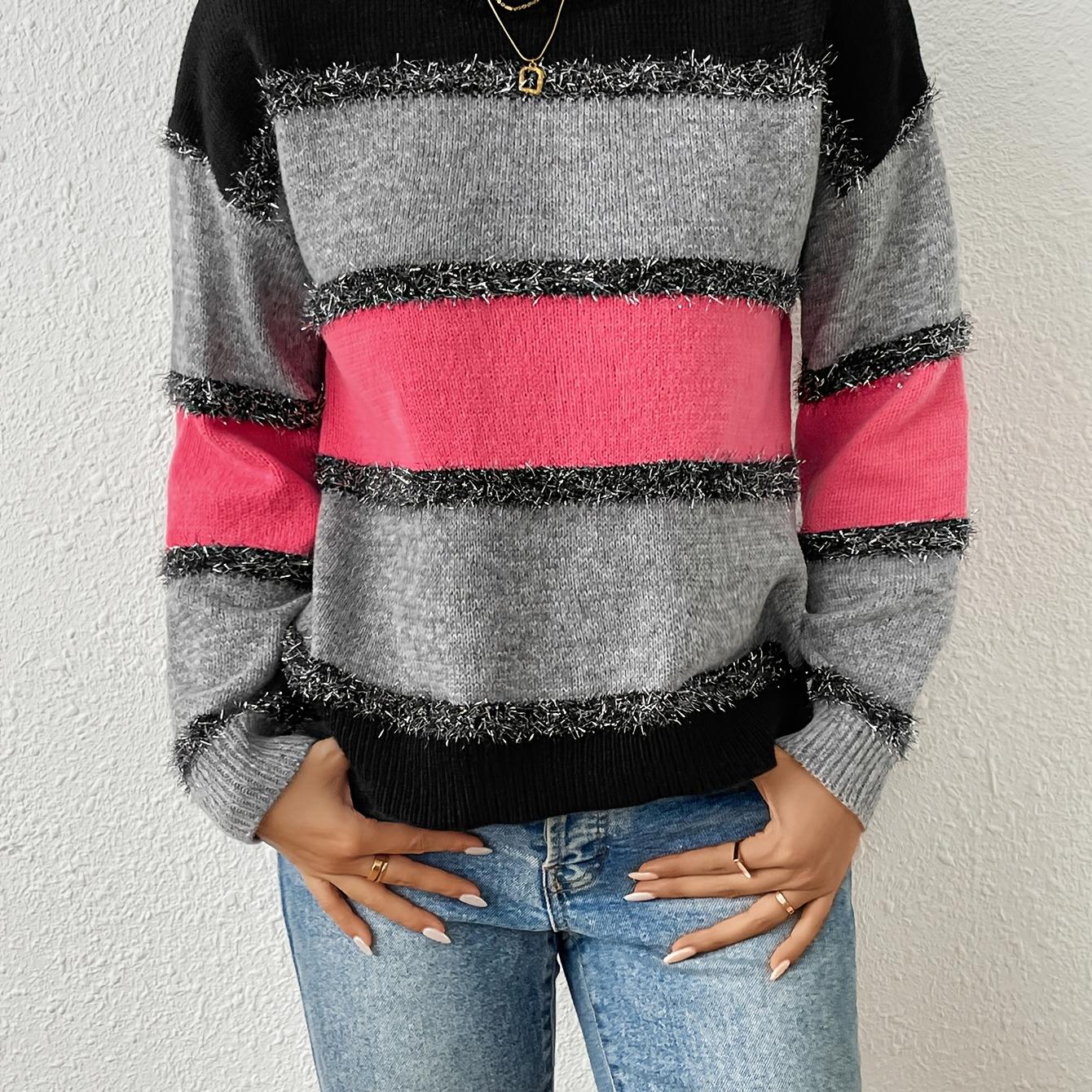 

Elegant Striped Crew Neck Pullover Sweater For Women, Design, Knit Fabric, Polyester (50% Polyester, 30% Rayon, 20% Nylon) For All