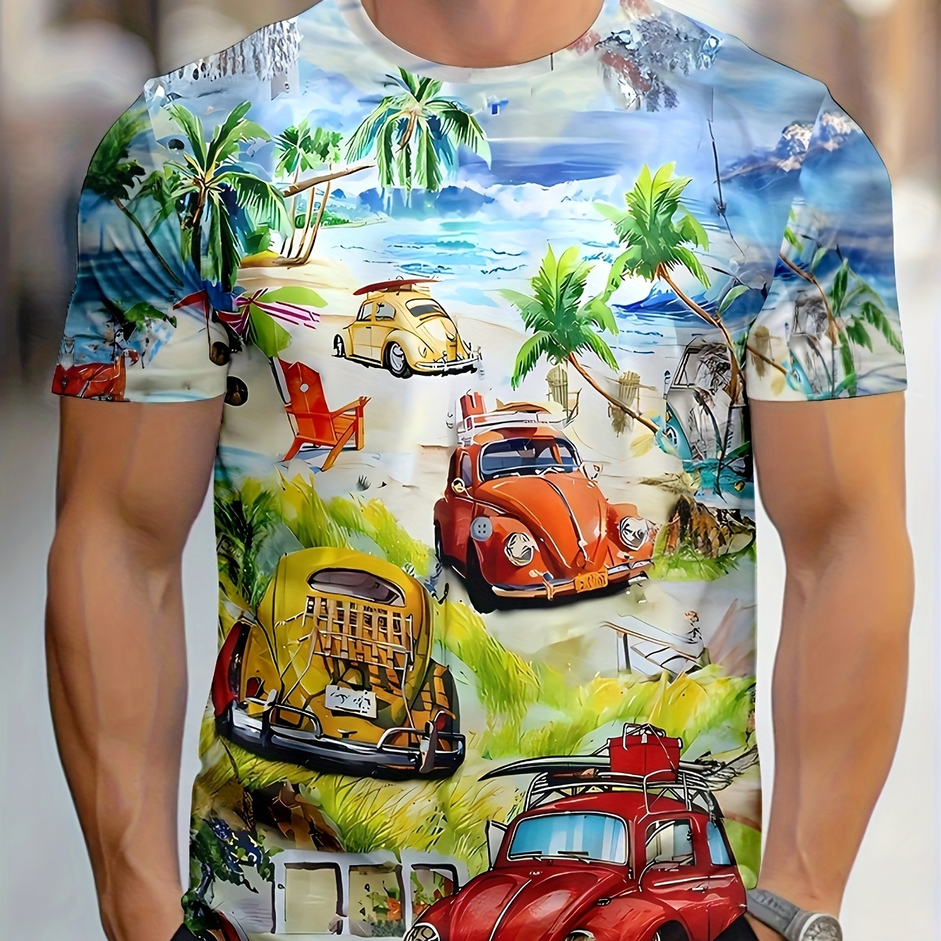 

Men's Tropical Beach & Print Short Sleeve Crew Neck T-shirt, Casual Stylish Tee As Gift