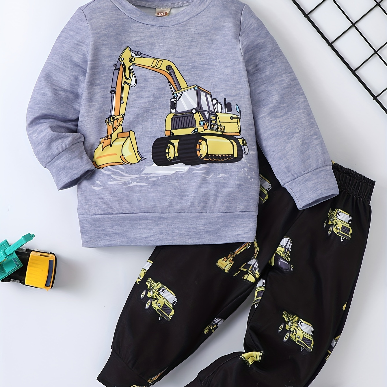 

Boy's Excavator Pattern Outfit 2pcs, Sweatshirt & Engineering Car Allover Print Jogger Pants Set, Kid's Clothes For Spring Fall