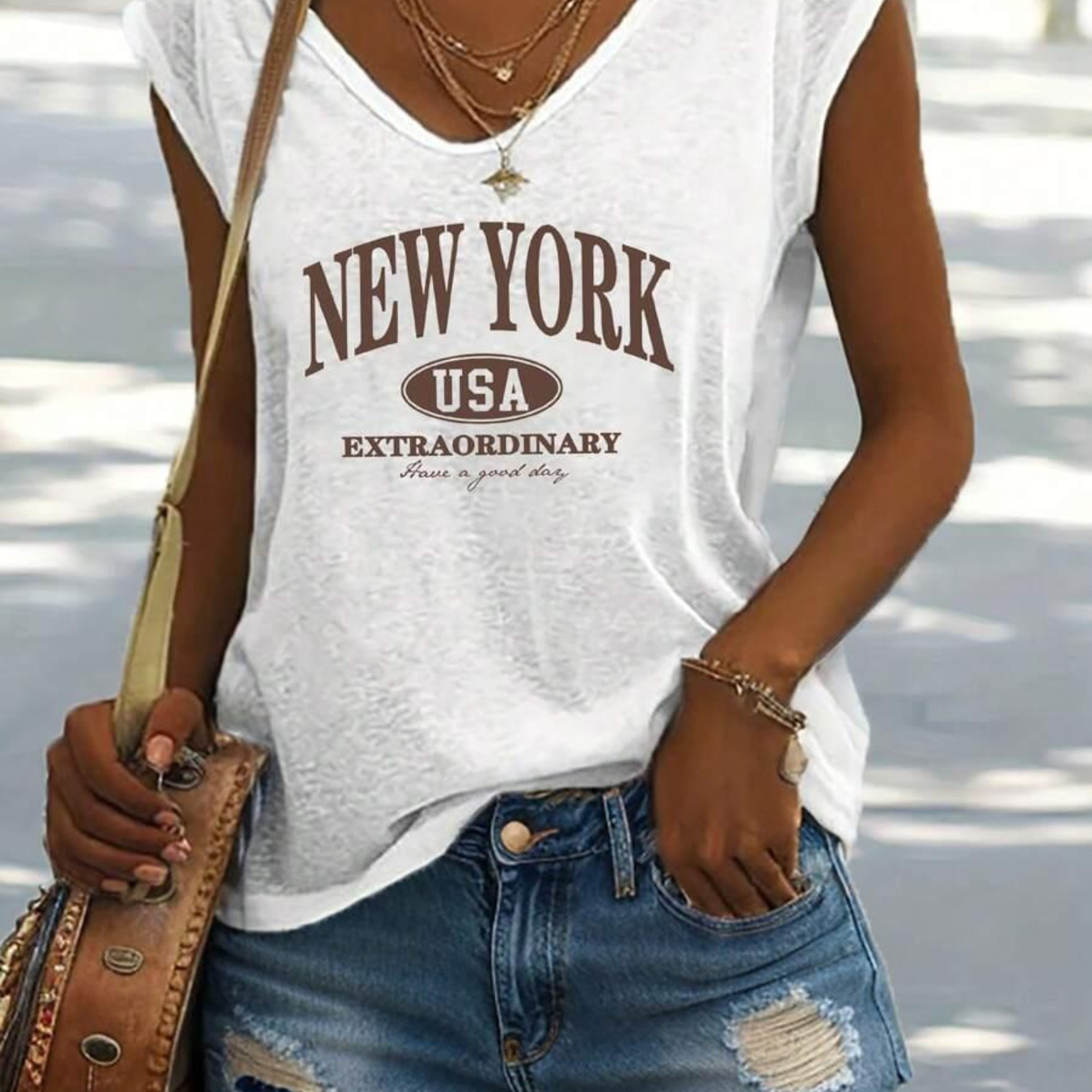 

New York Letter Print Tank Top, Cap Sleeve Casual Top For Summer & Spring, Women's Clothing