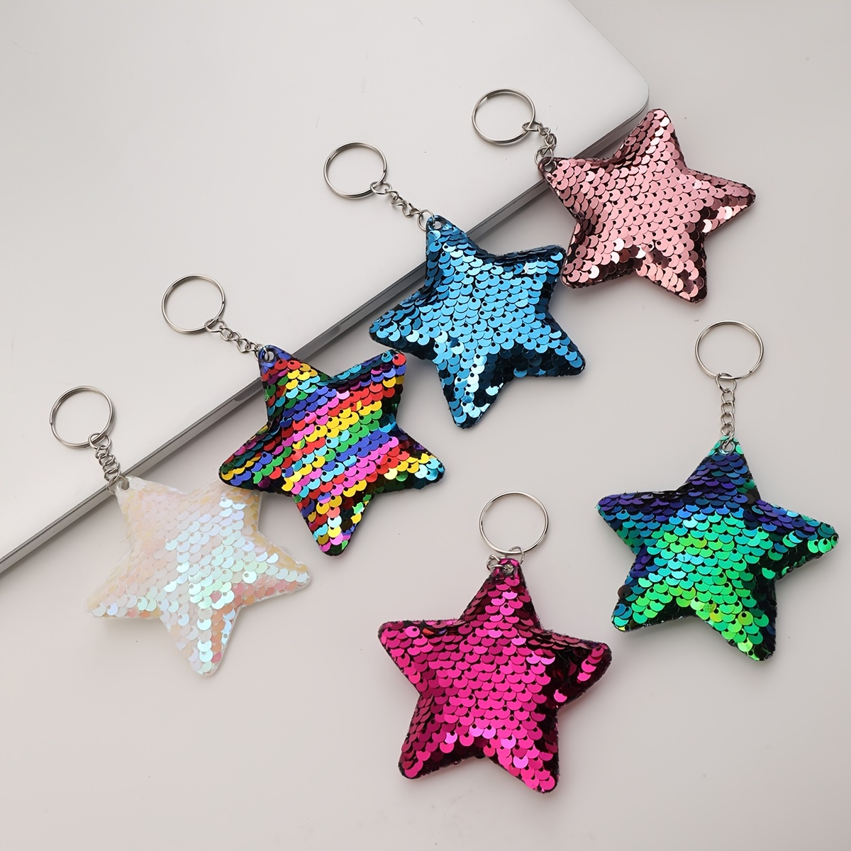 

6pcs Keychains Keyring Car Hangings Star Sequin Reflective Glossy Star Pu Pendant Dangle Gift Keychain Valentine's Day Gift