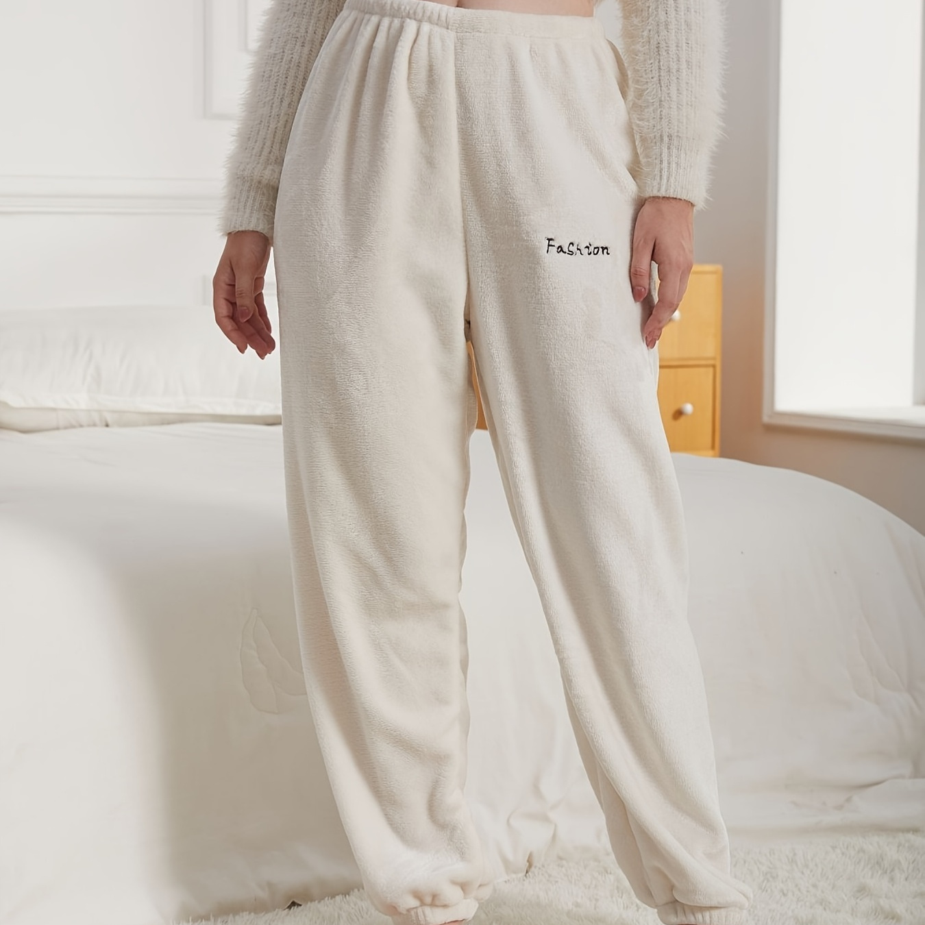 Letter Embroidery Lounge Pants, Warm & Soft Fuzzy Elastic Waistband Pants,  Womens Loungewear & Sleepwear