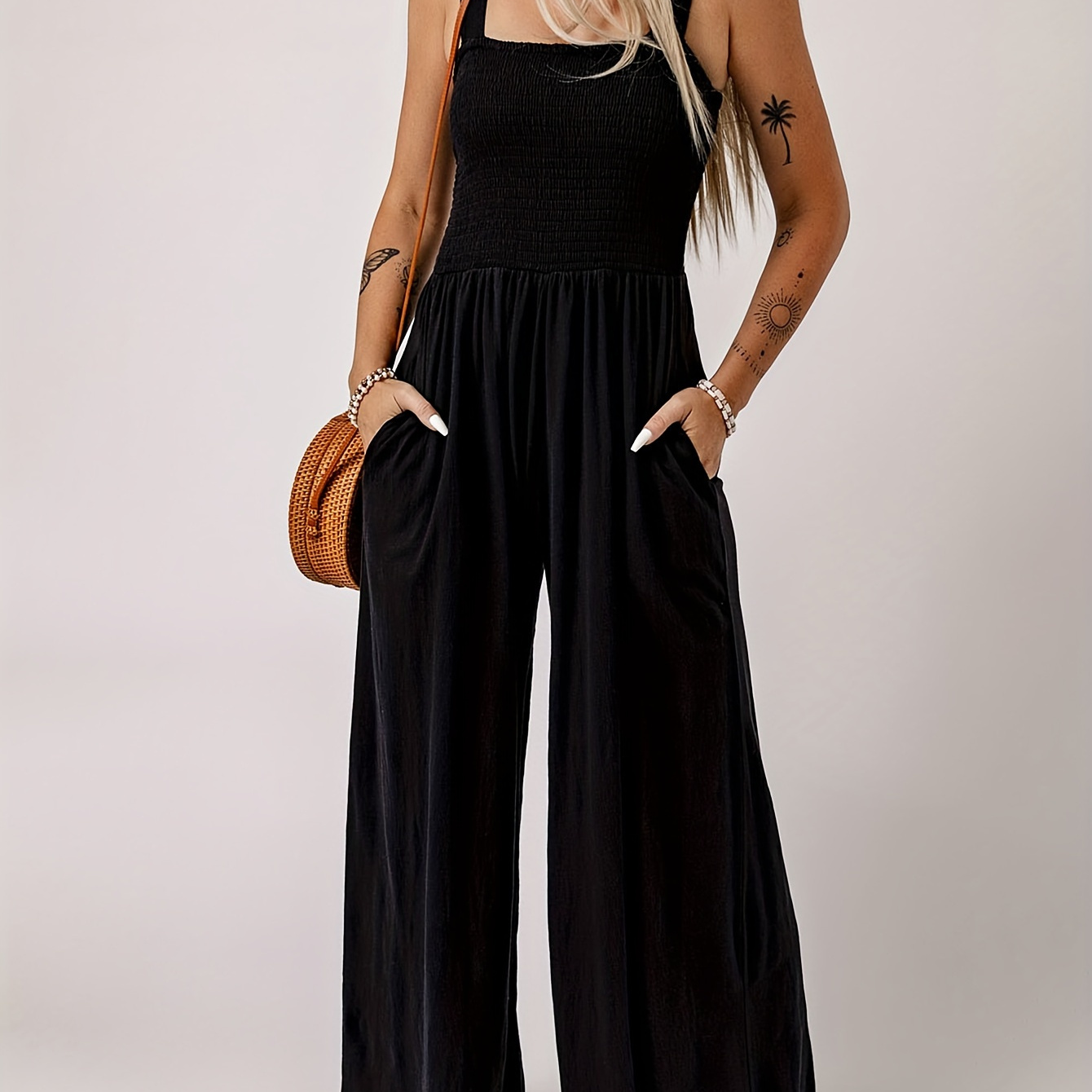 

Solid Color Wide Leg Jumpsuit, Elegant Slant Pockets Sleeveless Shirred Jumpsuit For Summer, Women's Clothing