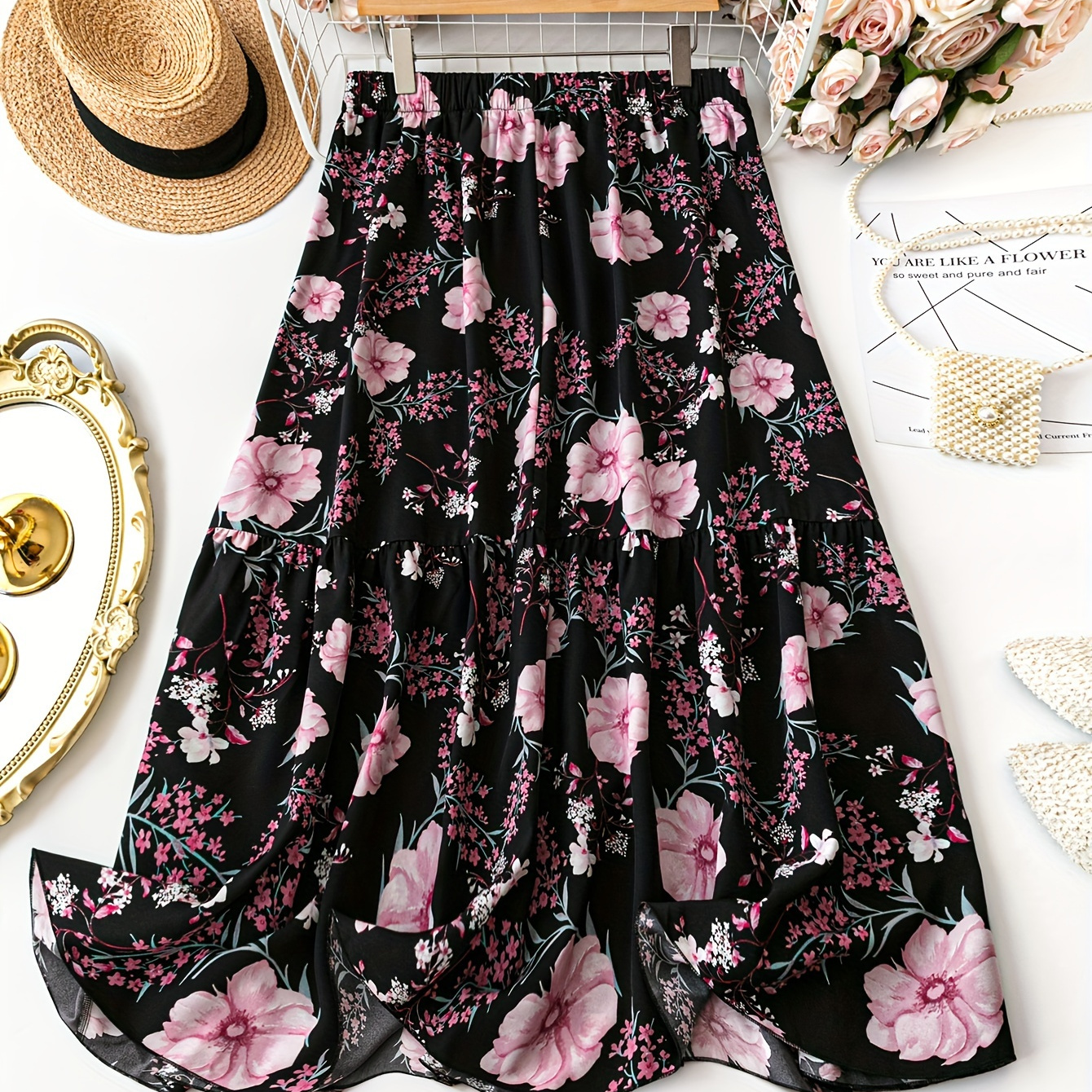 

Jupe taille haute à imprimé floral pour femme, style vacances pour le printemps et l'été, vêtements grande taille pour femme.