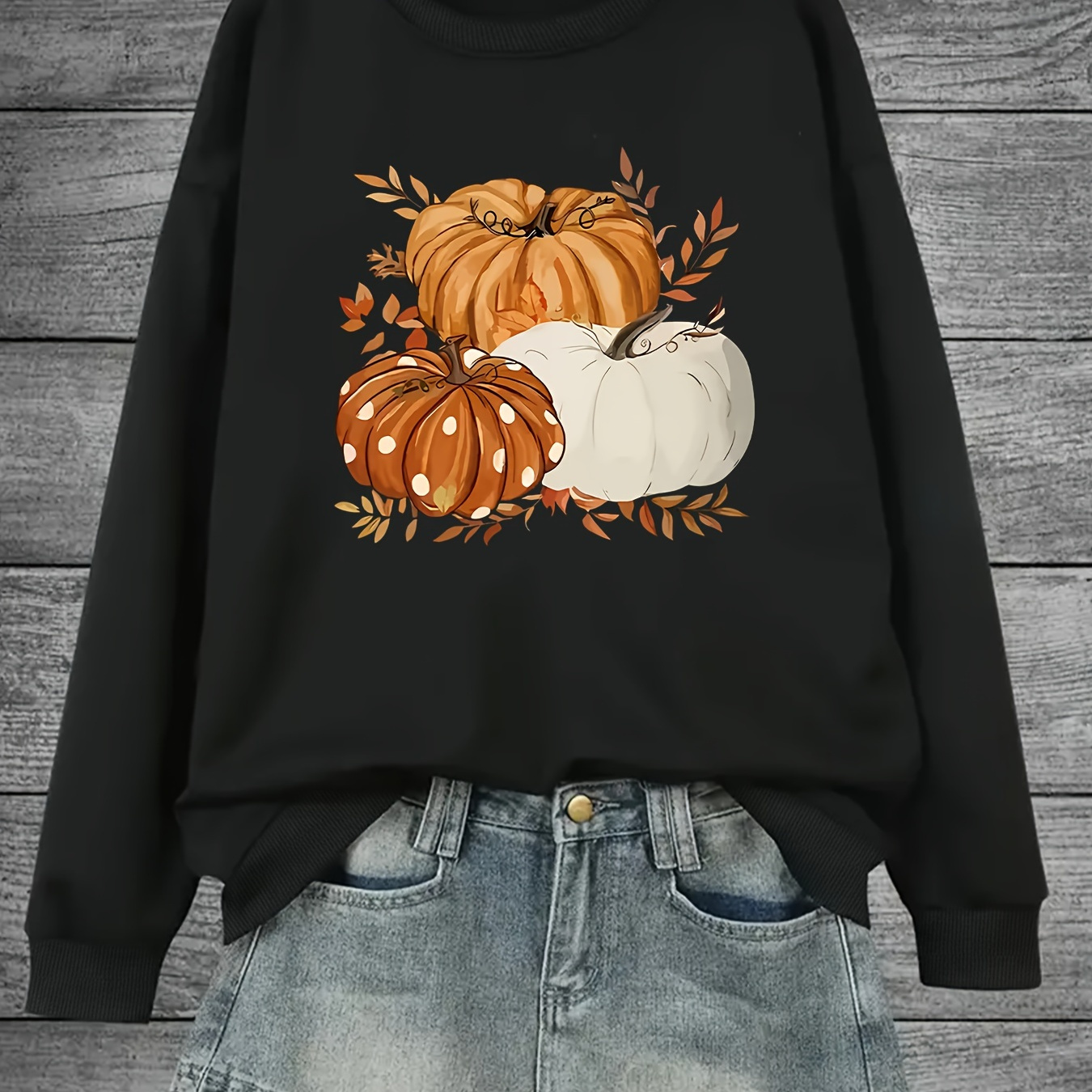 

Women's Cozy Pumpkin Neck Sweatshirt - Casual Long Sleeve Pullover For Fall & Winter, Machine Washable