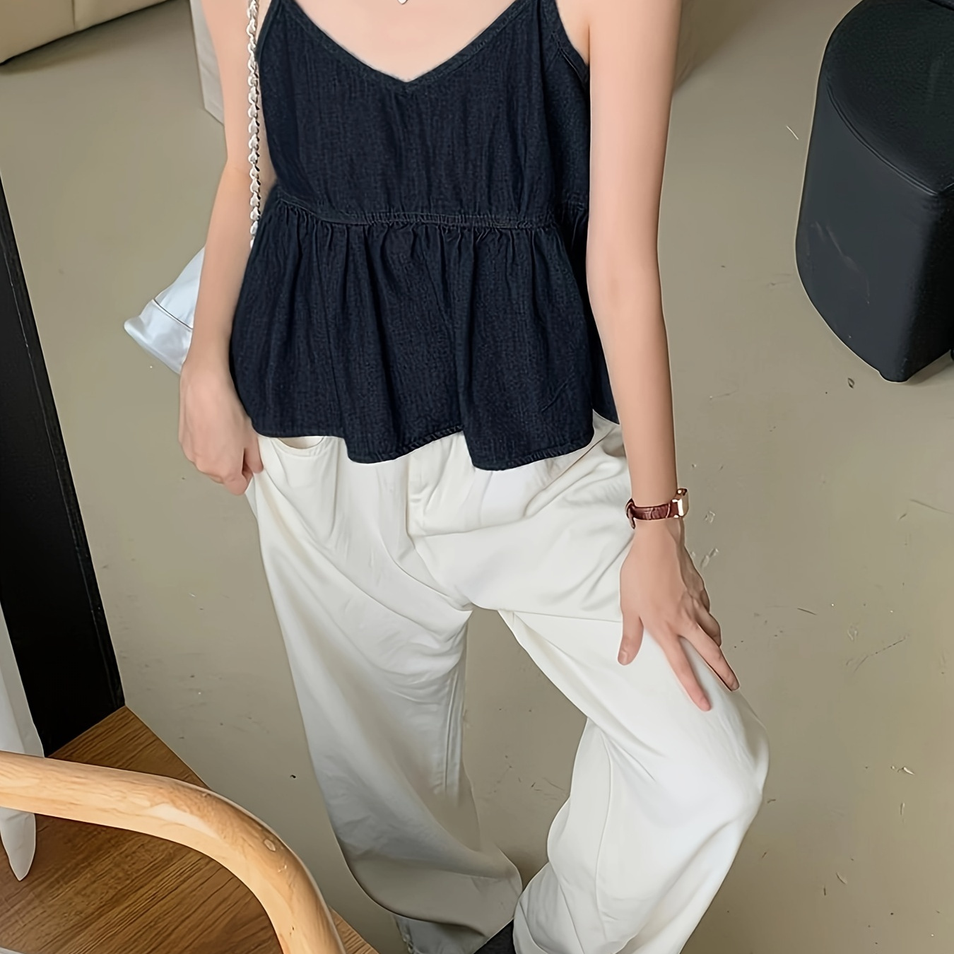 

Ruched V Neck Cami Top, Vintage Solid Color Loose Cami Top For Spring & Summer, Women's Clothing