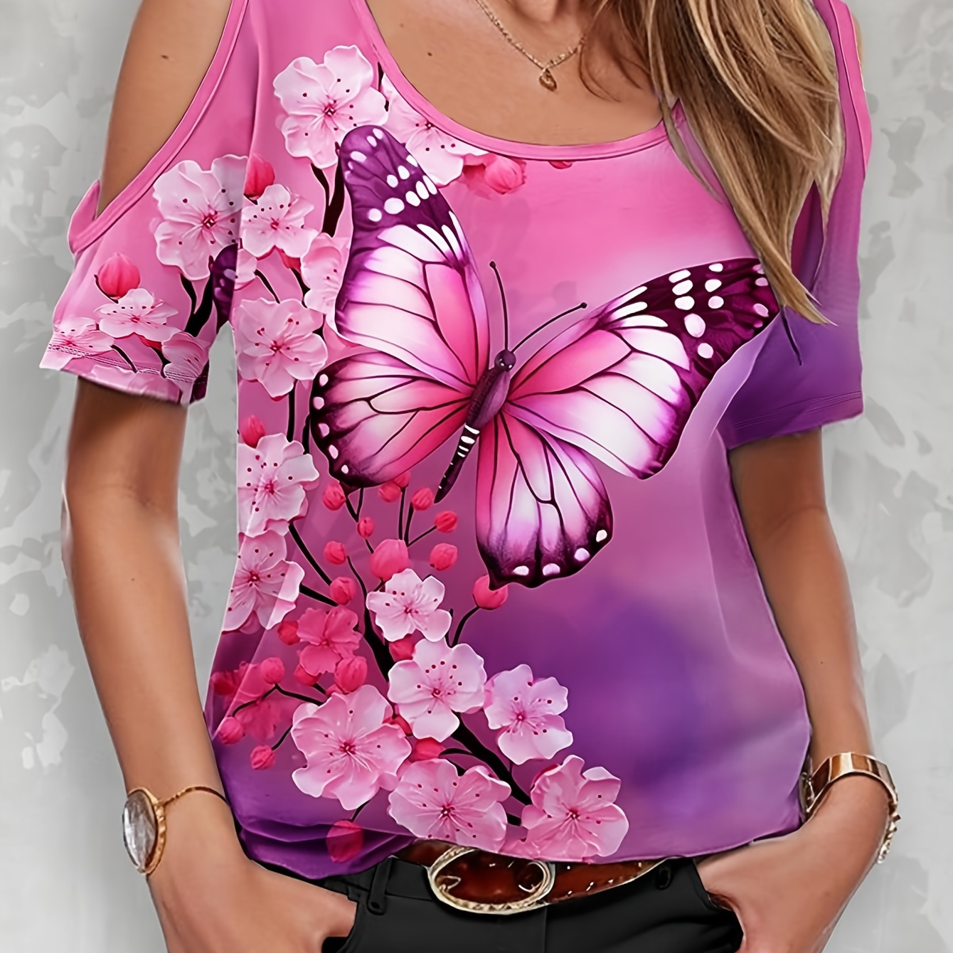 

T-shirt à épaules dénudées imprimé papillon, T-shirt vintage à manches courtes pour le printemps et l'été, vêtements pour femmes