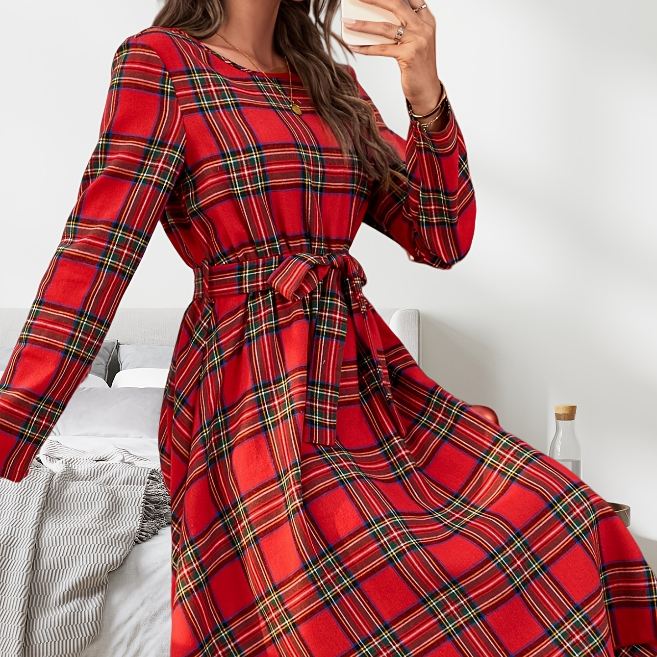 

Long Sleeve Round Neck Christmas Dress - Polyester , Machine Washable, A-line Silhouette With Belt Detail, , Christmas Clothes