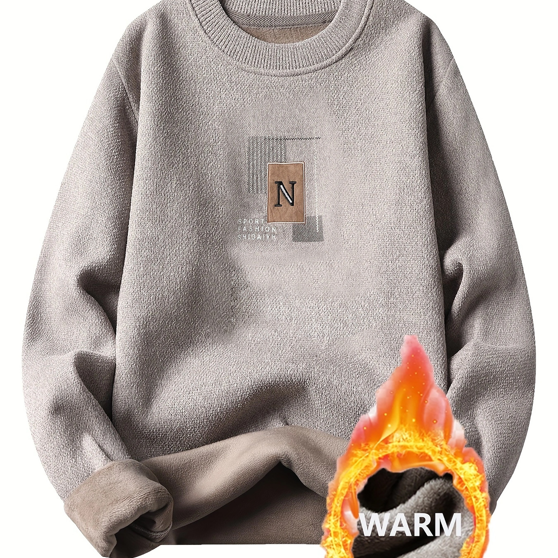 Men's Thickened Warm Underwear Sweater With Embroidered Letter, Long Sleeve Crew Neck Tops Pullovers, Men's Clothing