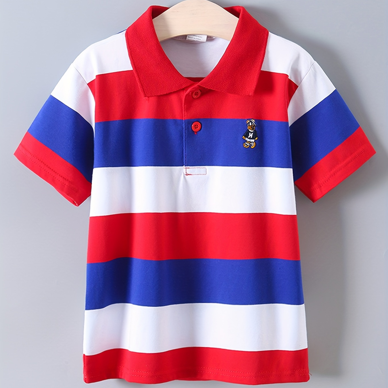 

Boys Red And Blue Striped Embroidered Lightweight Comfy Short Sleeve Golf Tops, Boys Clothes For Summer