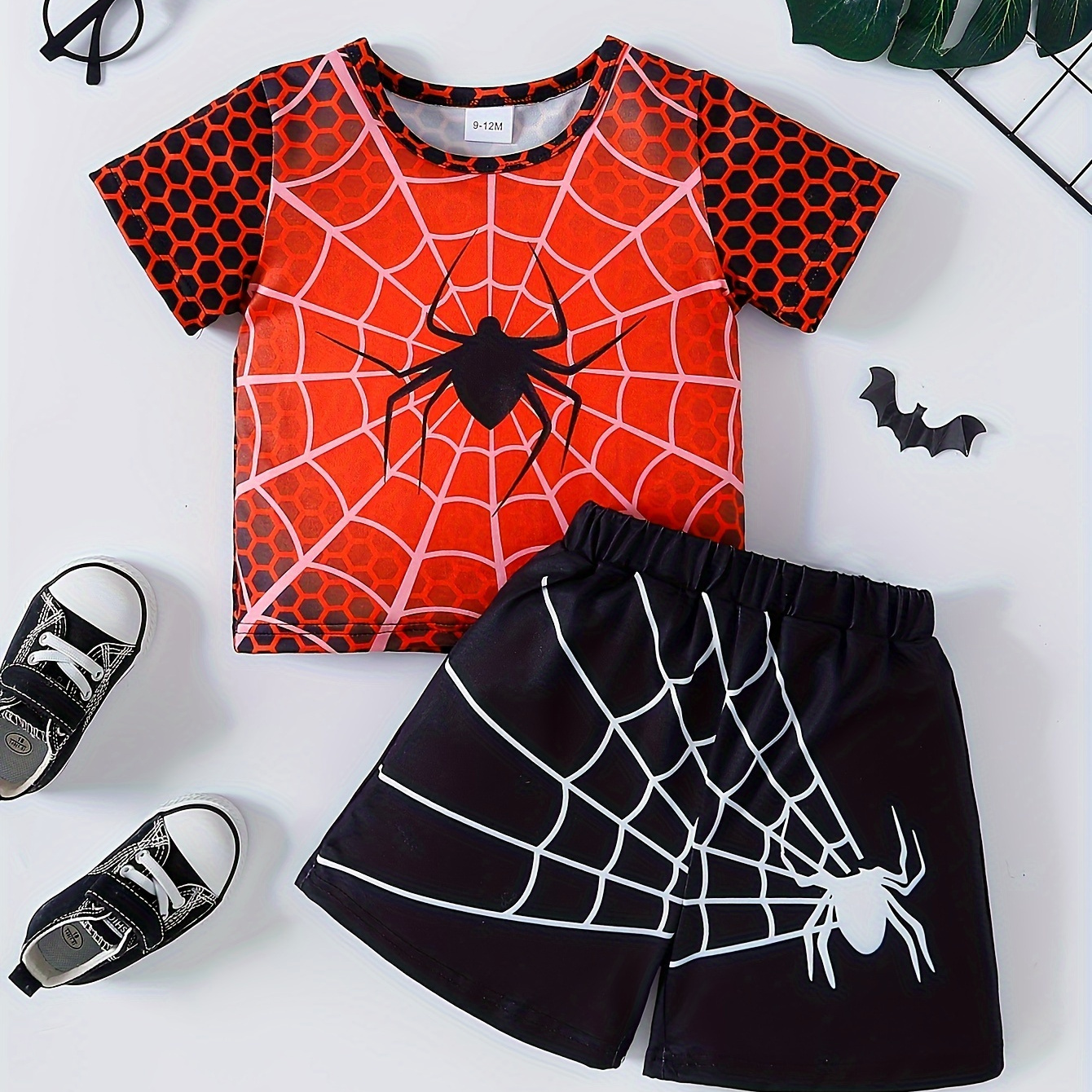

2pcs Cool Toddler's Spider Pattern Summer Set, T-shirt & Casual Shorts, Baby Boy's Clothes