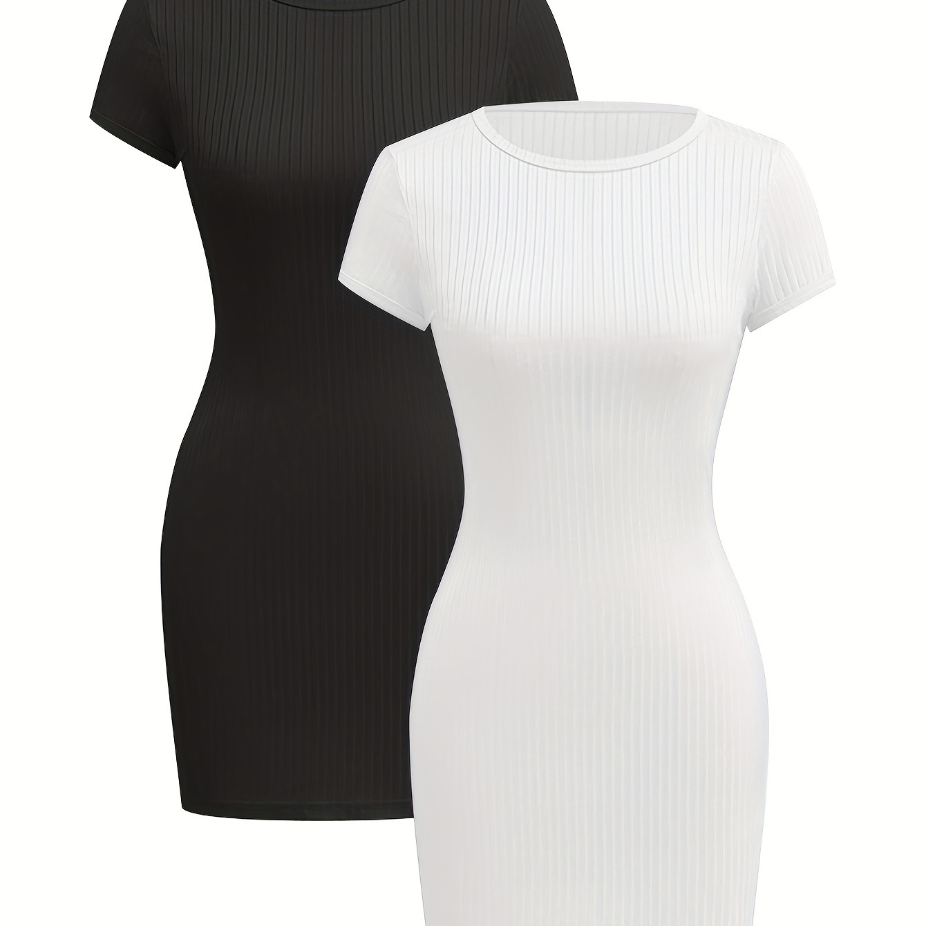 

Rib Knit Tee Dress 2 Pack, Sexy Bodycon Crew Neck Dress For Every Day, Club, Party, Women's Clothing