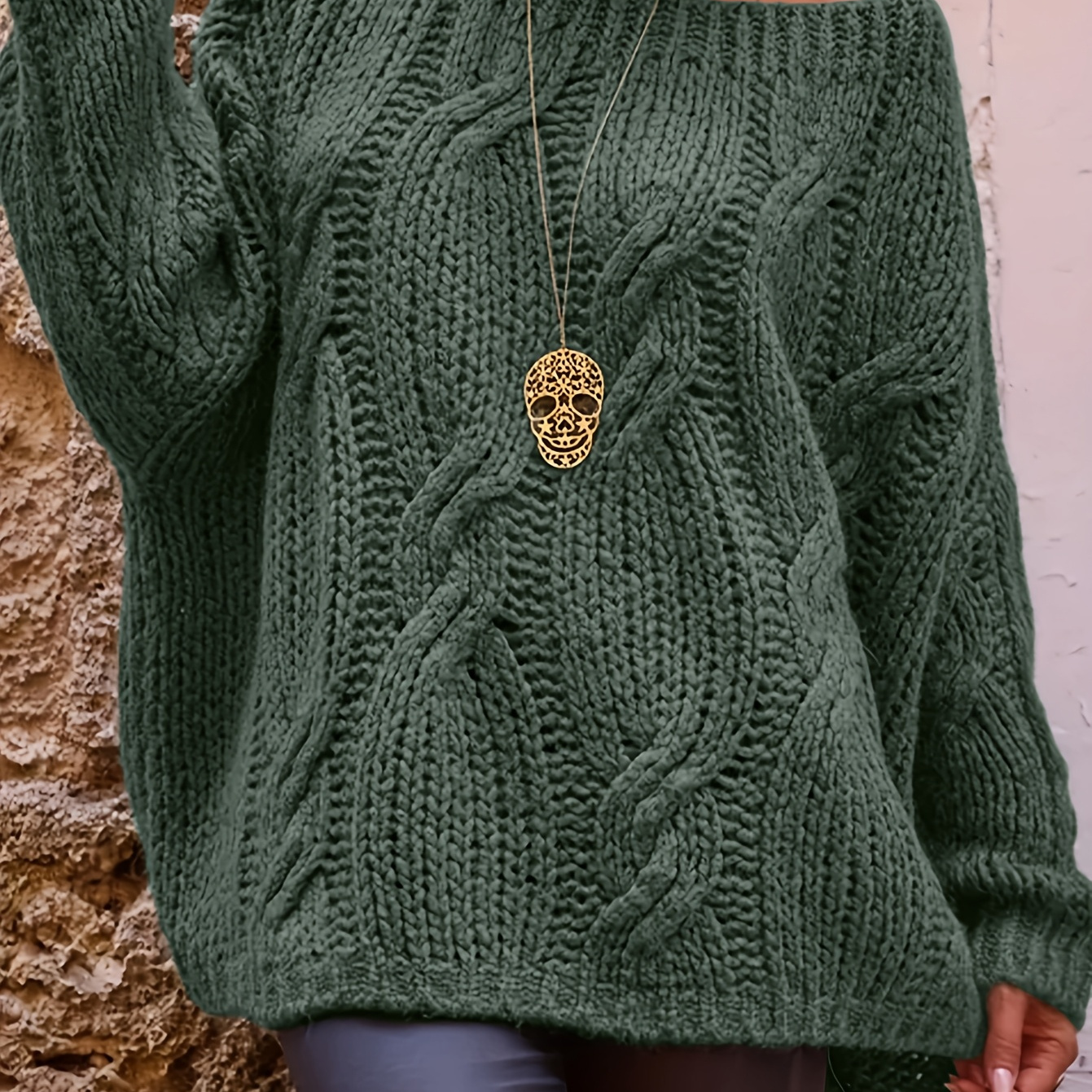 

Women's Elegant Cable Knit Sweater - Long Sleeve, Round Neck, Solid Green, Cozy Viscose Blend, Loose Fit For Winter , Winter Wardrobe Essential | Round Neck Top | Fabric