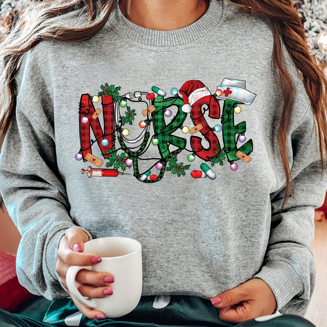 

Women's Christmas Nurse Graphic Crew Neck Sweatshirt - 100% Polyester Knit Casual Regular Length Pullover With Cozy Lining For All Seasons