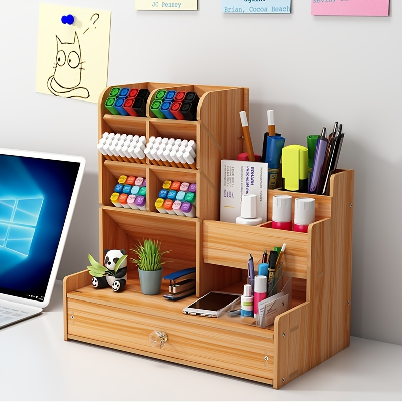 Natural Wood Desk Organizer - Multi-compartment Wooden Organizers For Home,  Office, Cubicle Accessories - Table Holder For Desktop And Workspace -  Pencil Storage Tray - Temu