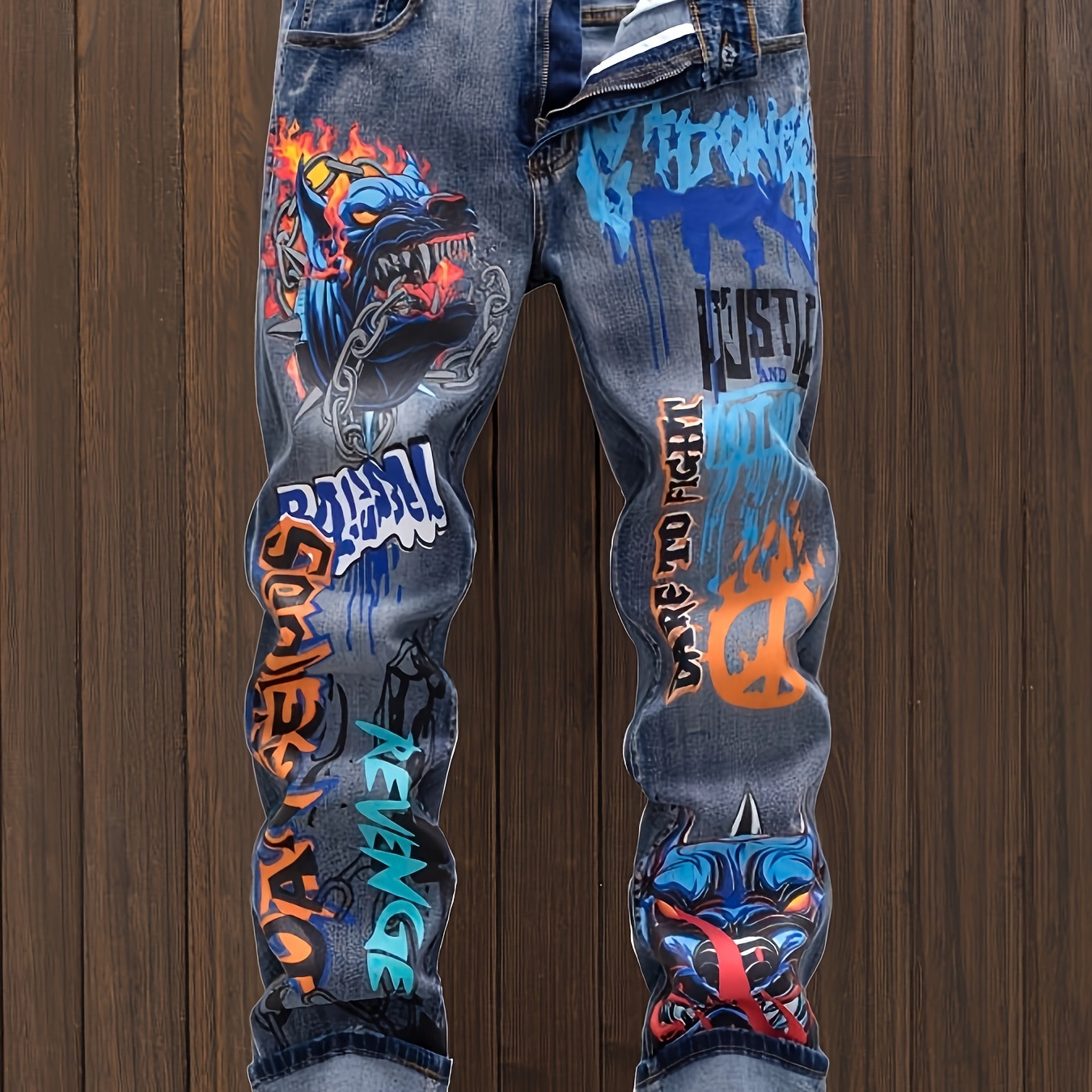

Men's Graffiti Washed Jeans, Trendy Streetwear, Denim Pants For Spring Autumn