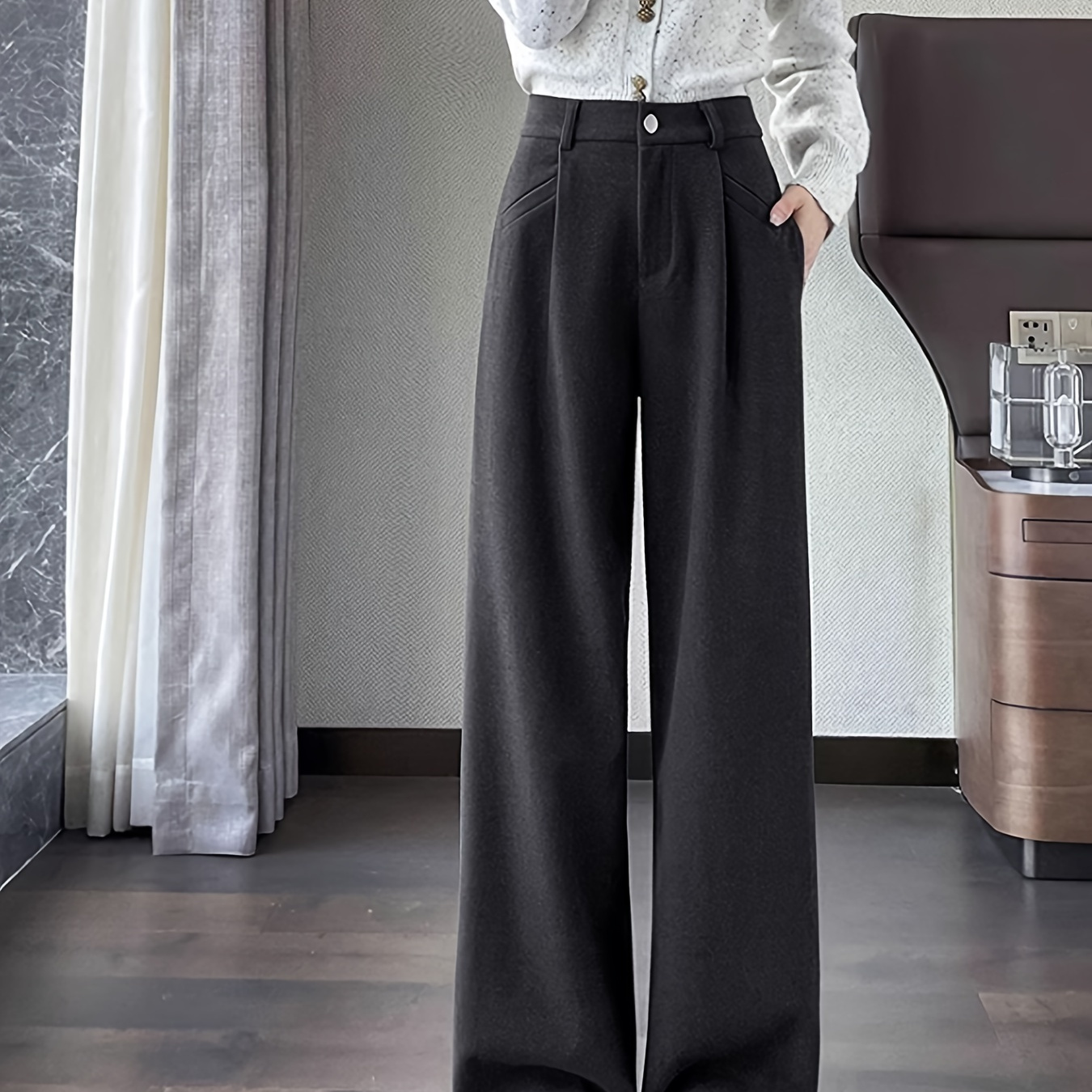 

Of High-end Fleece Suit Trousers For Women In Autumn And Winter, High Waist, Slimming, Loose, Casual, Straight, Hanging Fleece Wide Leg Trousers