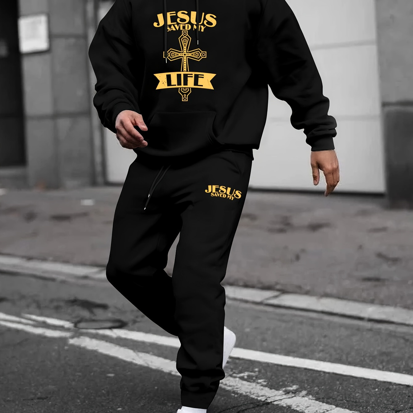 Men's 2Pcs Tracksuit With "Jesus Saved My Life" Print, Hooded Sweatshirt & Sweatpants Set For Sports/outdoor/running,  Men's Clothing, Plus Size