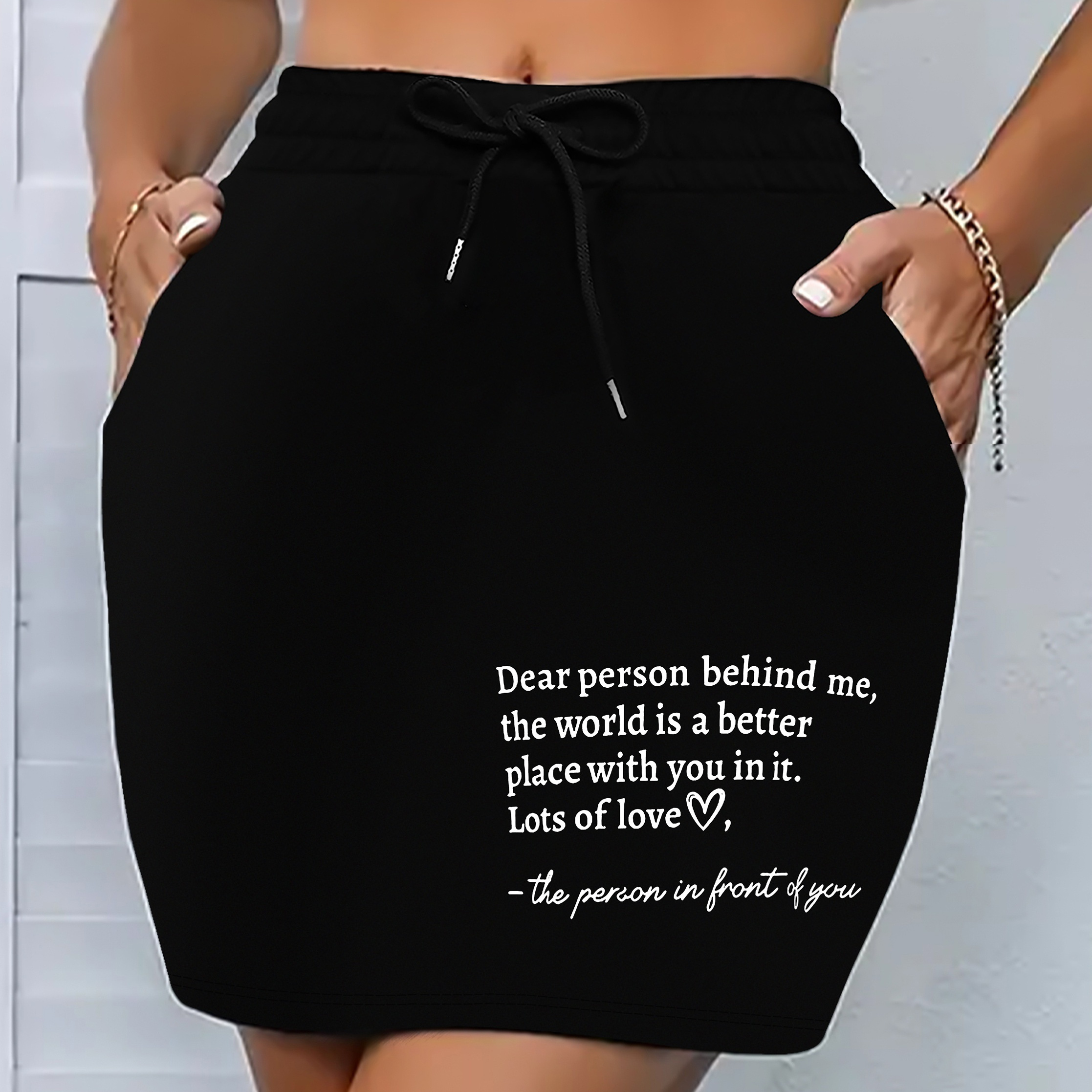 

Letter Print Slim Drawstring Skirt, Casual Elastic Waist Mini Skirt, Women's Clothing