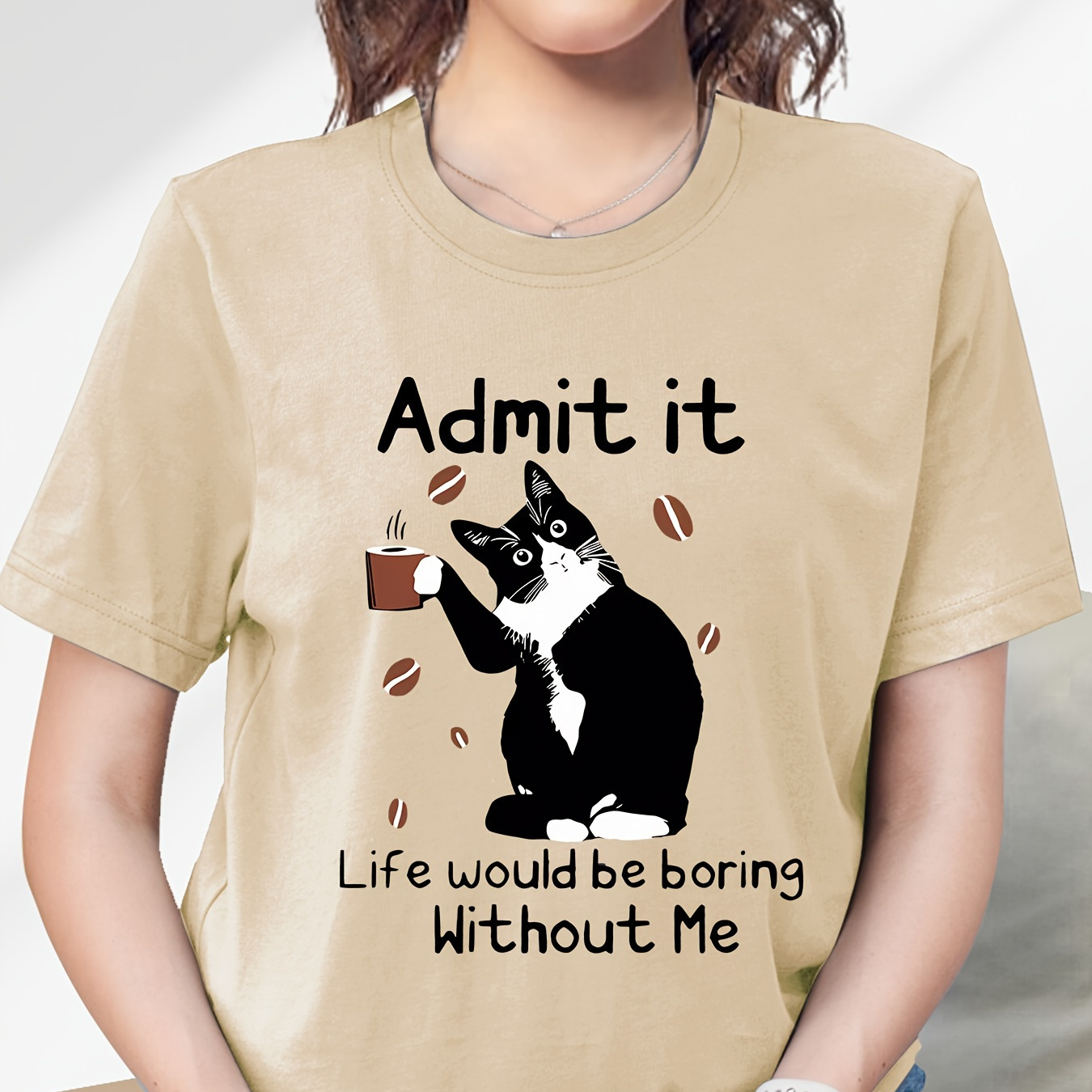 

Cat & Letter Print Casual T-shirt, Round Neck Short Sleeves Stretchy Comfy Sports Tops, Women's Clothing