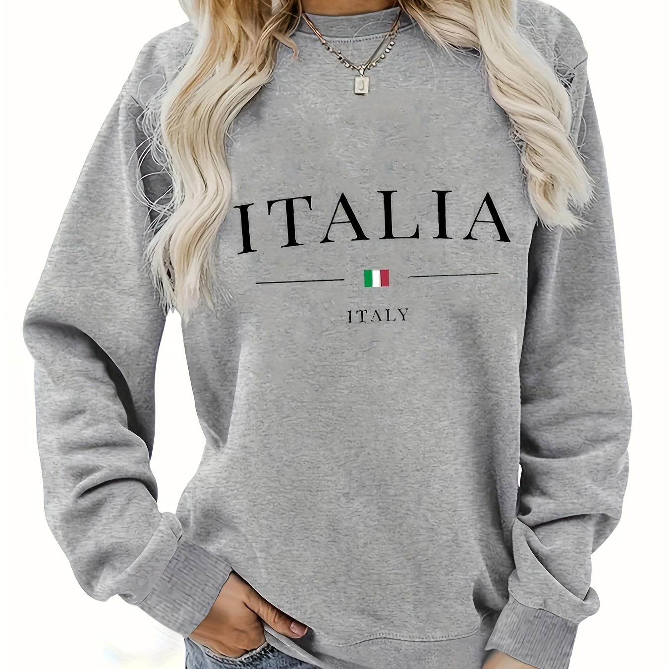 

Italia Print Pullover Sweatshirt, Casual Long Sleeve Crew Neck Sweatshirt For Fall & Winter, Women's Clothing