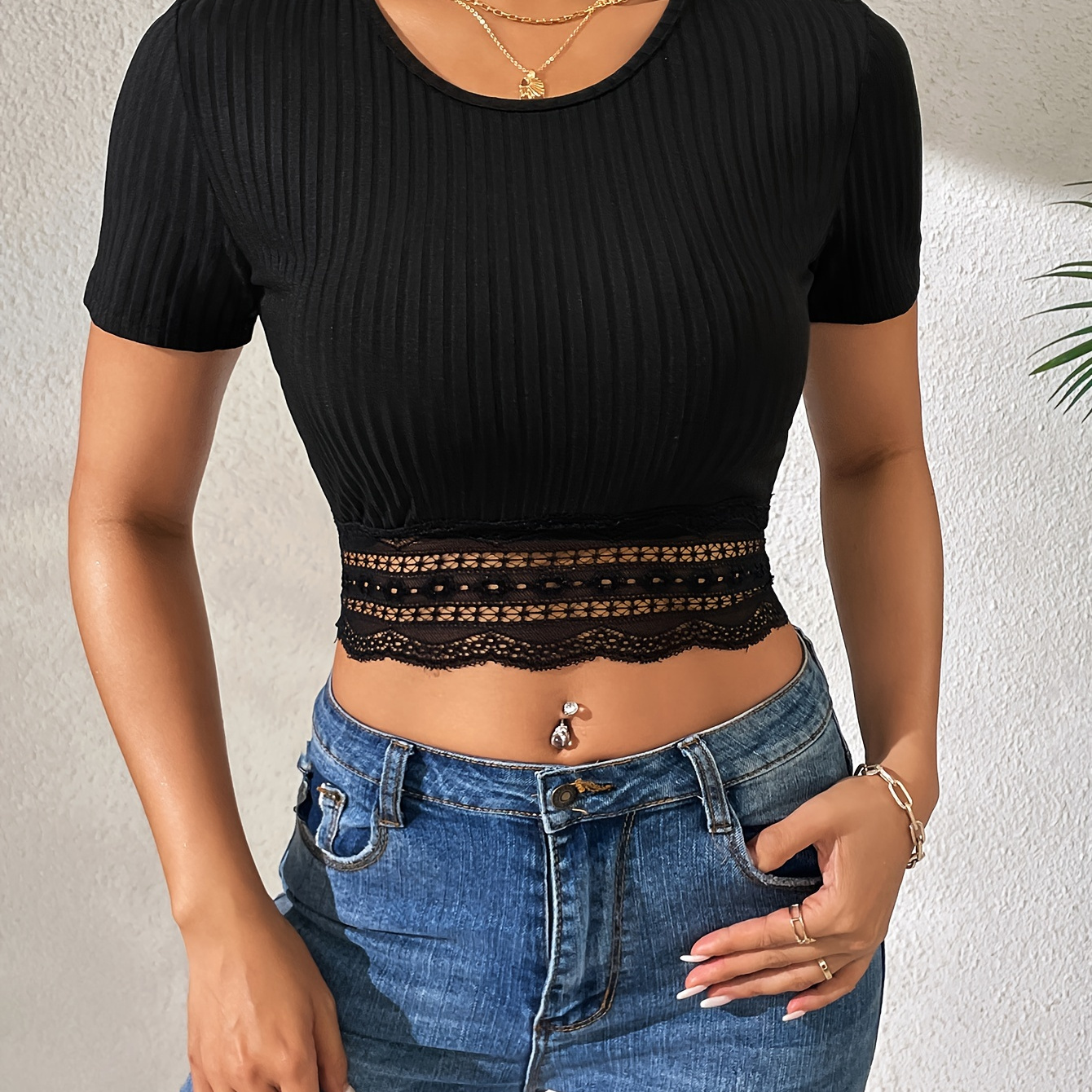 

Contrast Lace Crop T-shirt, Elegant Crew Neck Short Sleeve Top For Spring & Summer, Women's Clothing