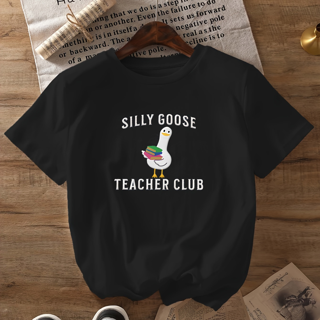 

Silly Goose Teacher Club Graphic T-shirt - Polyester Blend Crew Neck Top, Casual Anime Print Tee, Regular Length Knit Fabric For Women - Summer & Spring