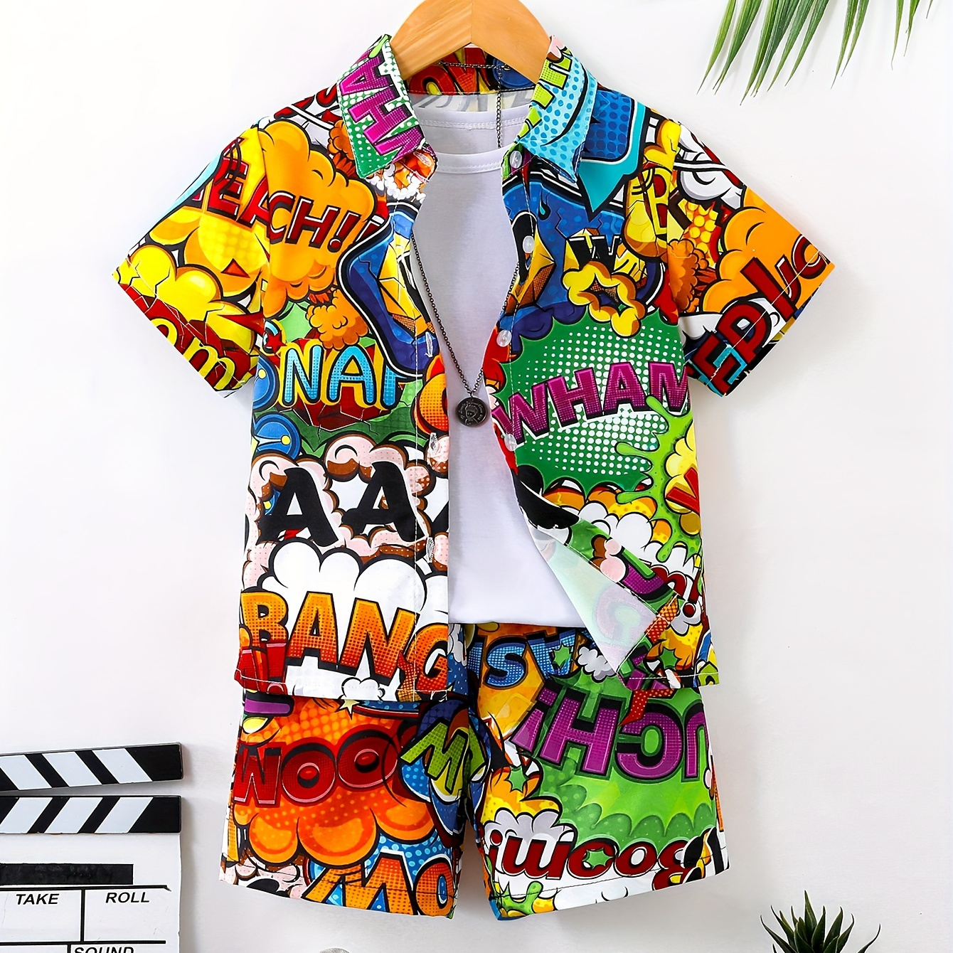 

2pcs Boys Casual Cartoon Letter All Over Graphic Print Short Sleeve Lapel Shirt & Shorts Set, Comfy Summer Boys Clothing