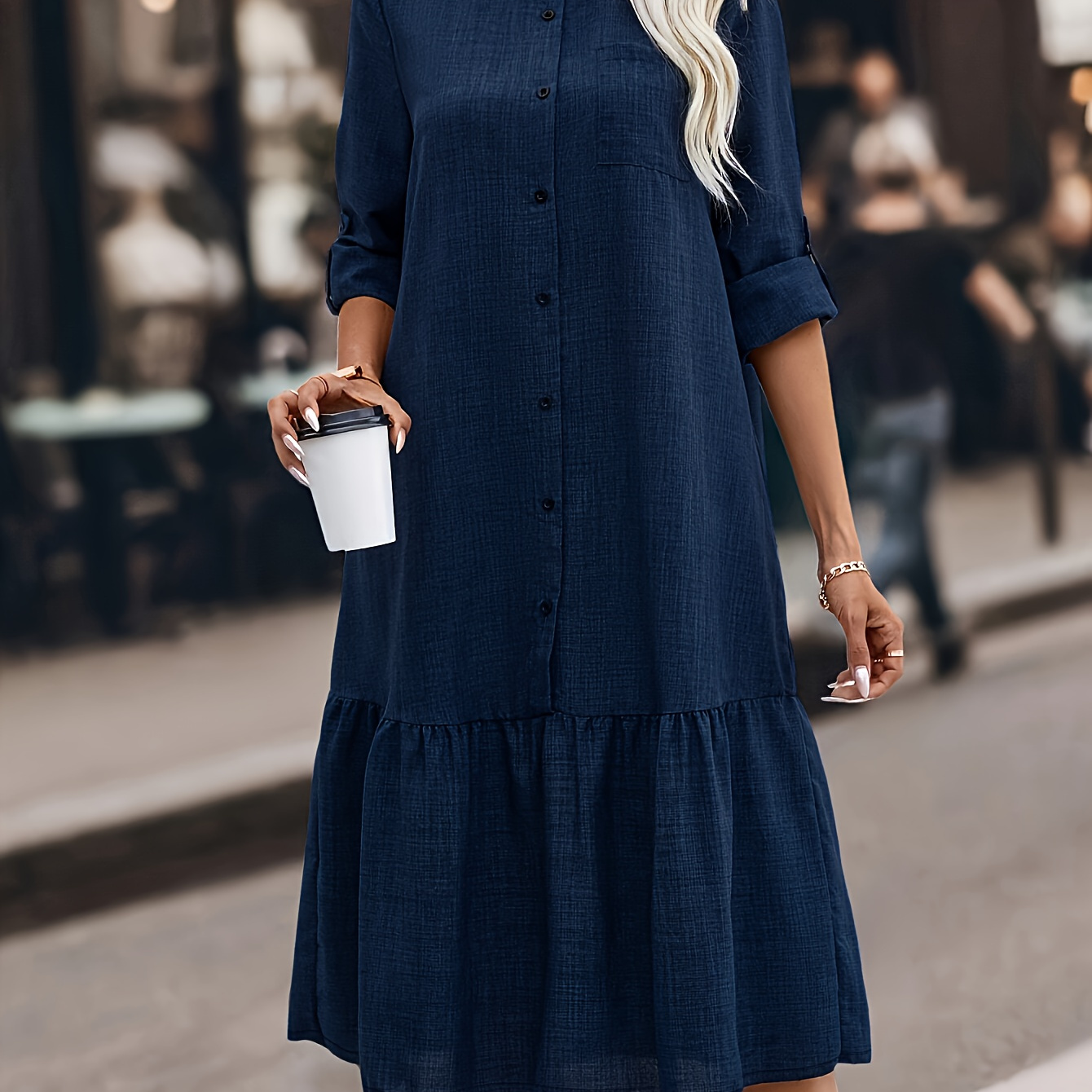 

Elegant Stand Collar Button-down Dress For Women, Solid Color Polyester, Woven Fitted Mid-length Dress With 3/4 Sleeves And Ruffle Hem, Perfect For Spring/fall - 100% Polyester