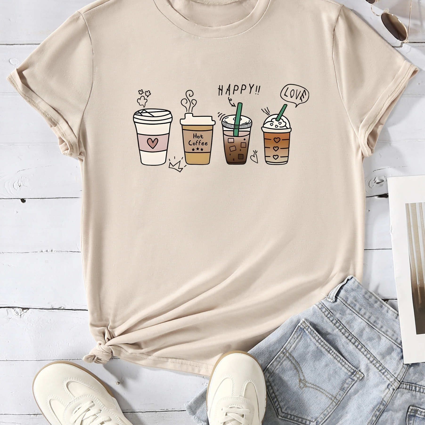 

Coffee Print Crew Neck T-shirt, Casual Short Sleeve T-shirt For Spring & Summer, Women's Clothing