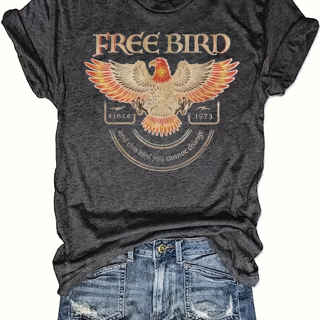 

Free Bird Print T-shirt, Short Sleeve Crew Neck Casual Top For Summer & Spring, Women's Clothing