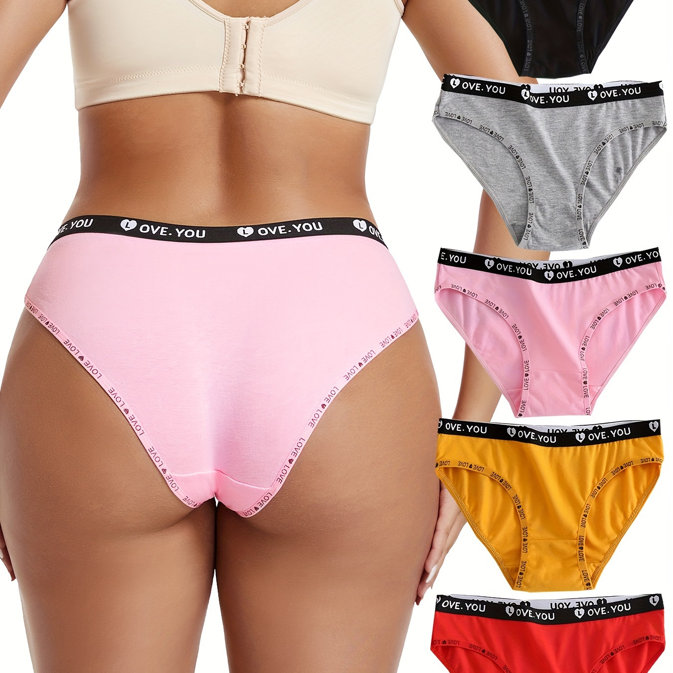

5-pack Women's Seamless Briefs, Comfort Fit Underwear With Letter Print, Simple Style Panties In Assorted Colors