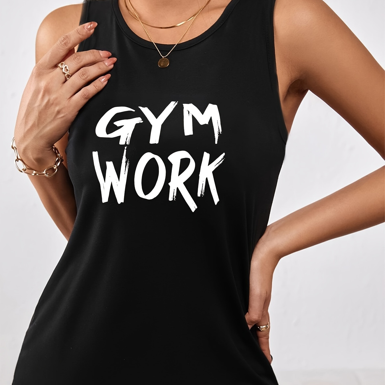 

Stylish Women's "gym Work" Letter Print Sleeveless Tank Top - Casual Round Neck, Black Polyester & Spandex , Machine Washable