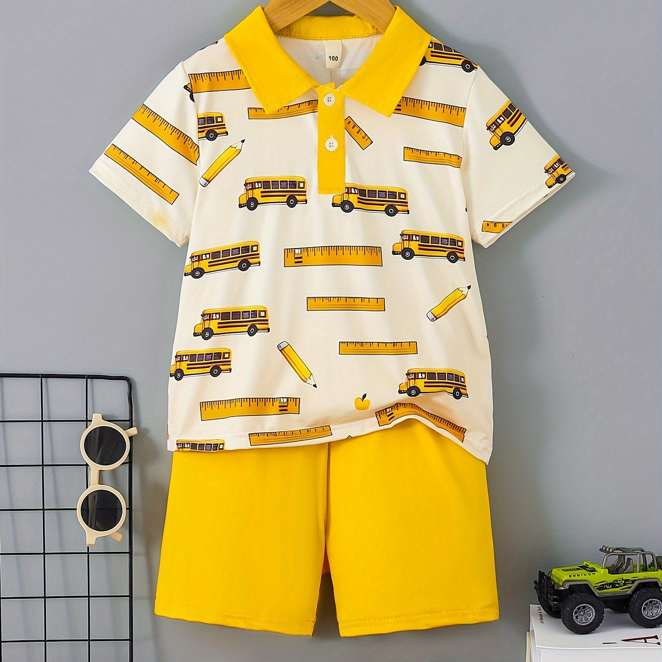 

Boy's 2-piece Casual Co Ord Set, School Bus Print Versatile Short Sleeve Lapel Shirt And Shorts, Comfy Summer Clothes