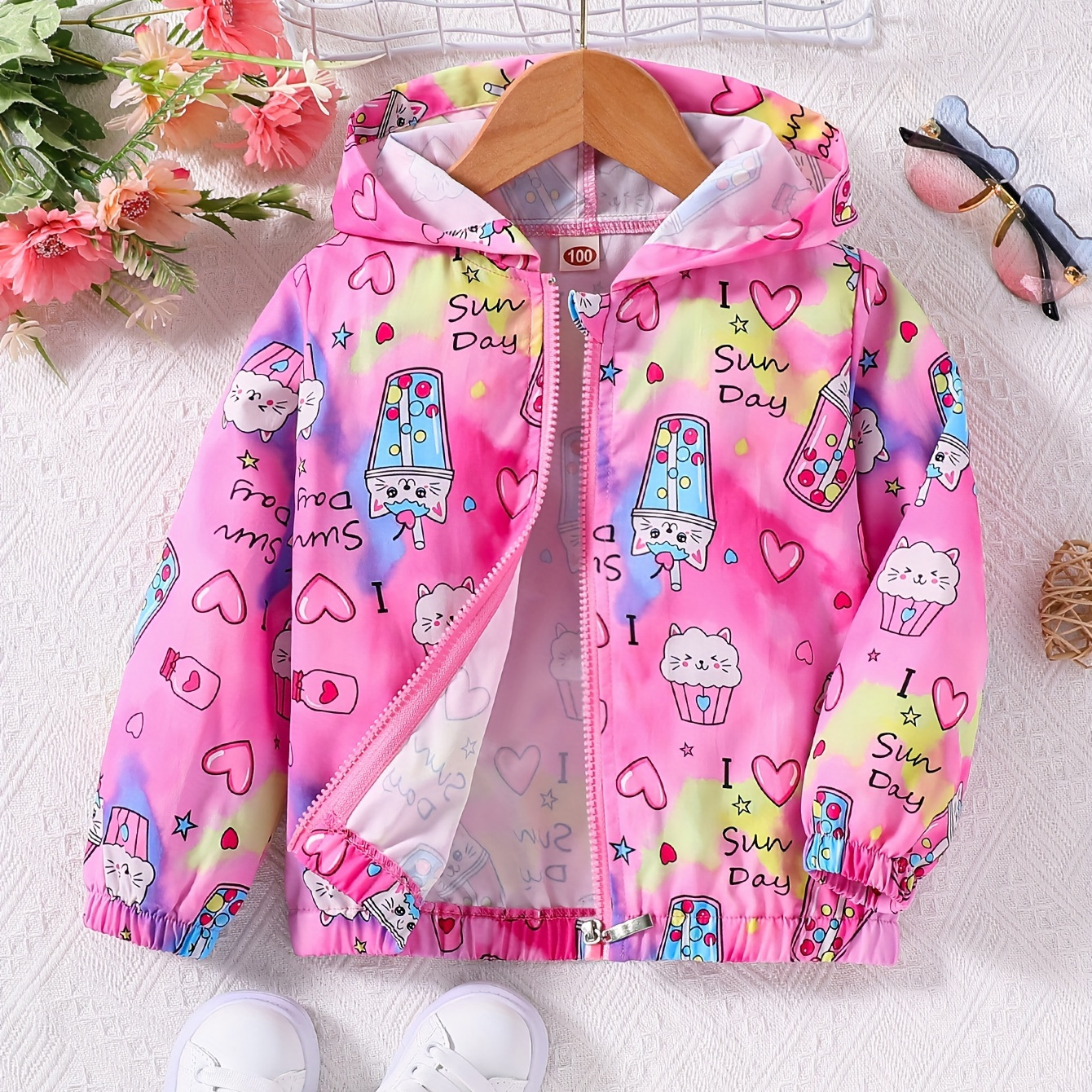 

Girls' Casual Cartoon Print Hooded Jacket - 100% Polyester, Regular Fit Long Sleeve Zippered Jacket For Kids, Fun Design For Spring/fall Season