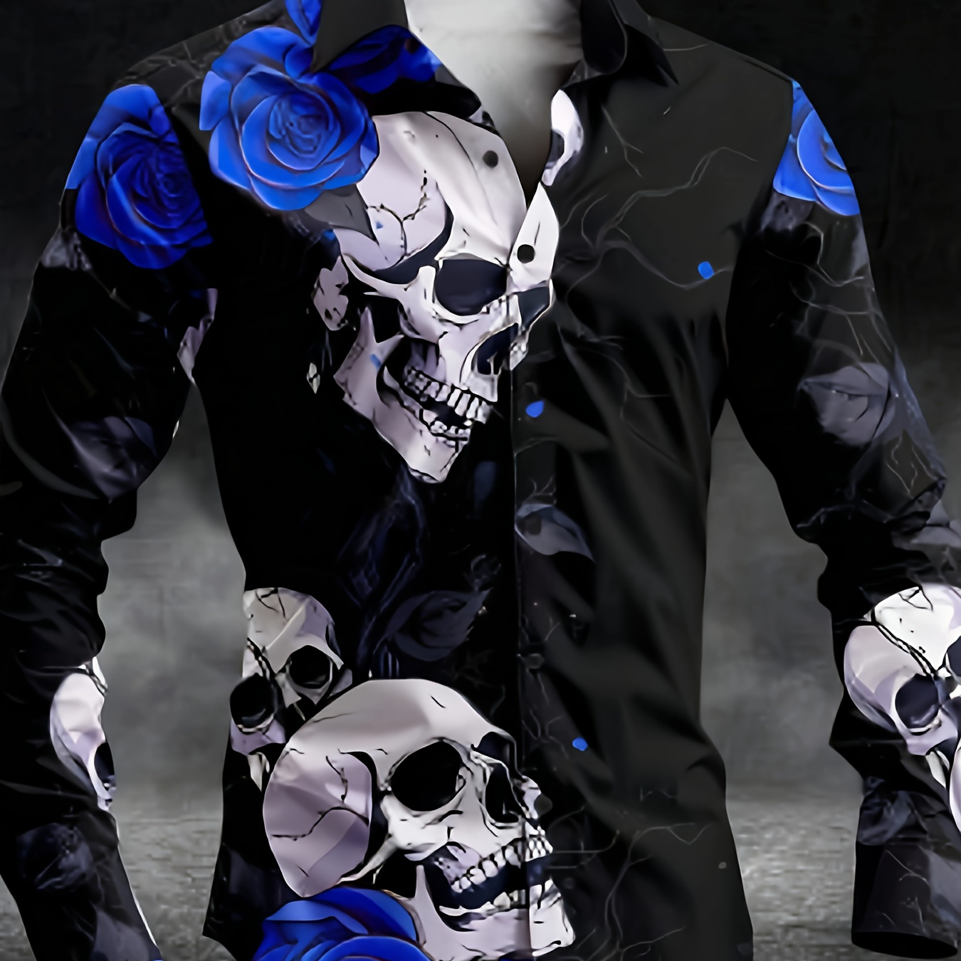 

Men's 3d Rose And Skull Pattern Long Sleeve Shirt - Casual Polyester , Button-up, Machine Washable For Autumn/winter
