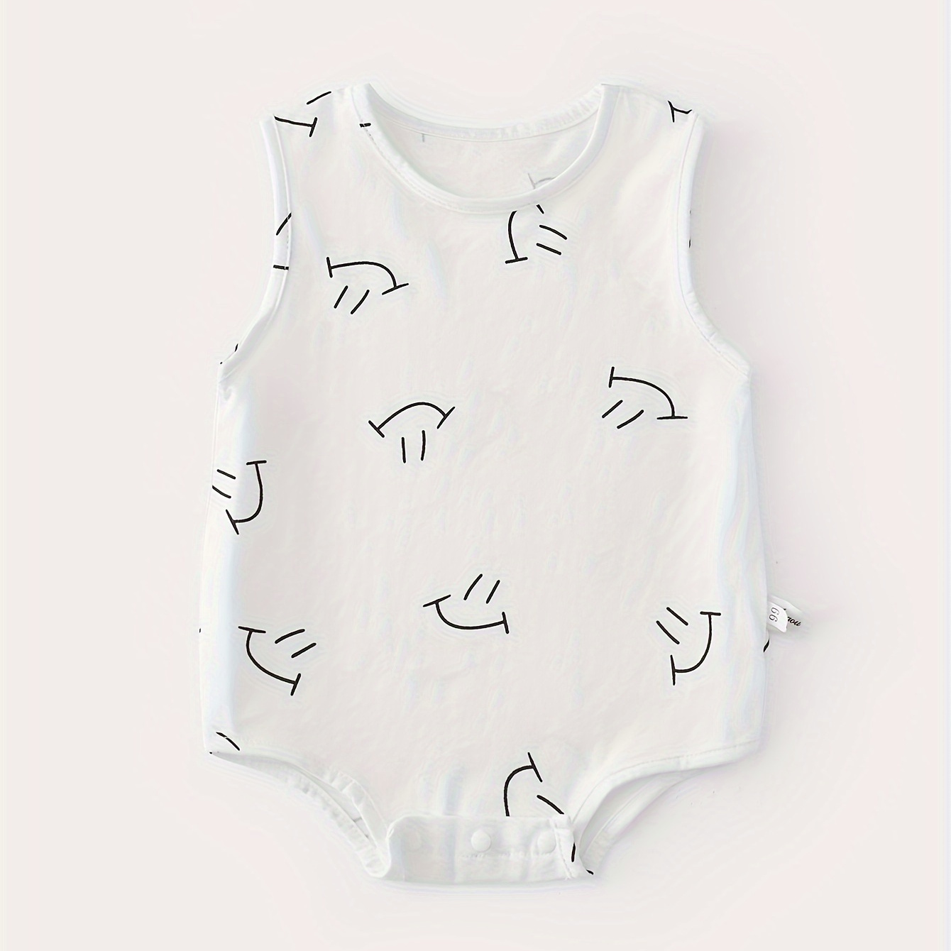 

Infant's Happy Face Allover Print Cotton Bodysuit, Comfy Summer Sleeveless Onesie, Baby Boy's Clothing, As Gift