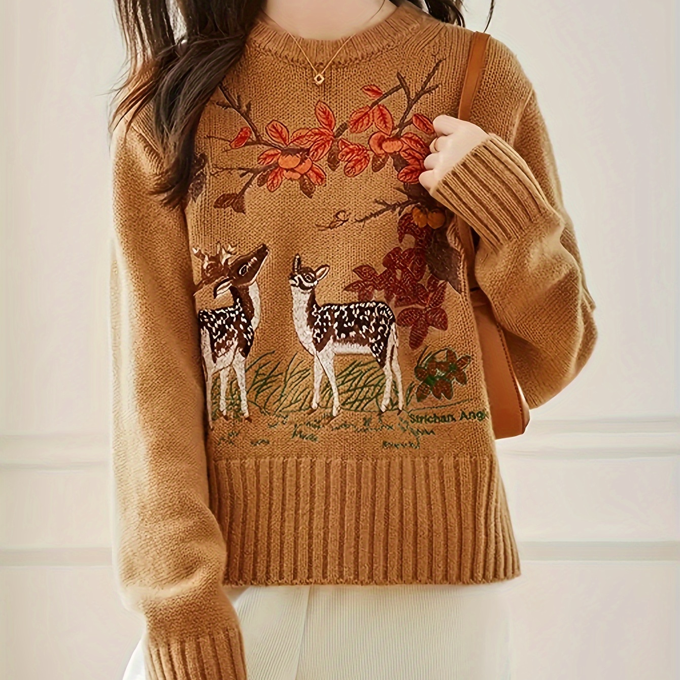 

Deer Embroidered Crew Neck Sweater, Elegant Long Sleeve Sweater For Fall & Winter, Women's Clothing