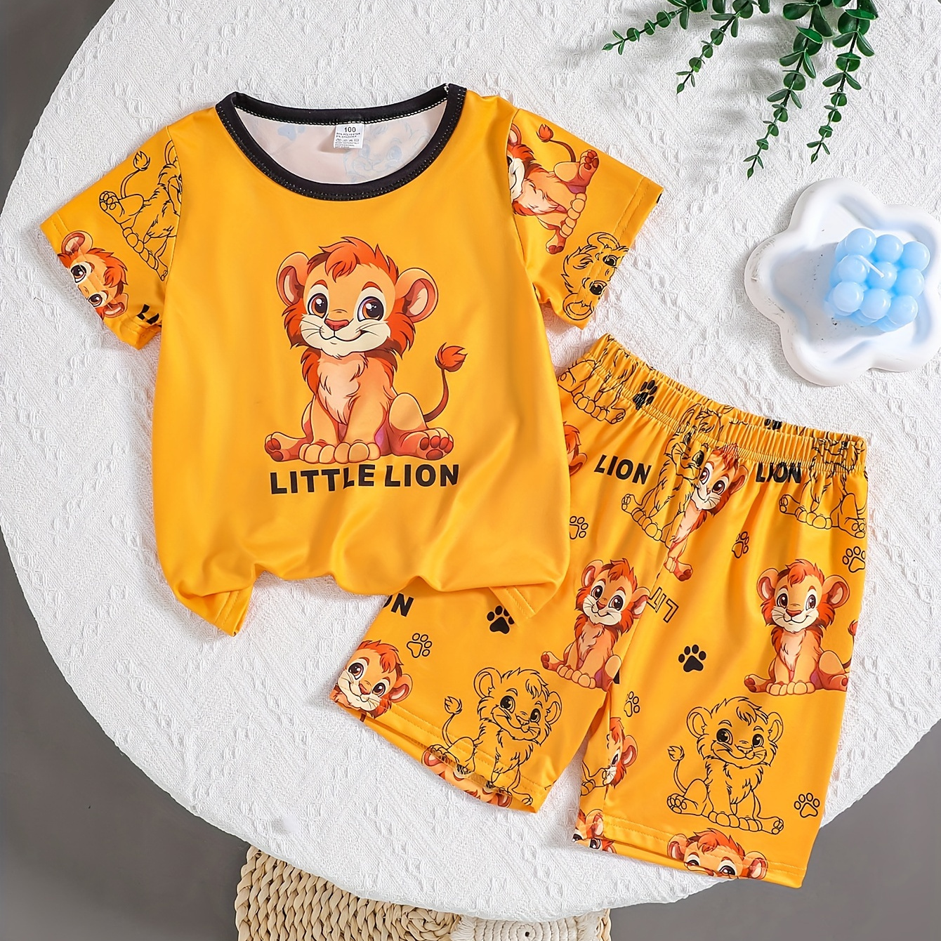 

2-piece Toddler Boy's Pajama Set, Cartoon Lion Print Comfortable Short Sleeve Round Neck Top And Shorts, Casual Sleepwear