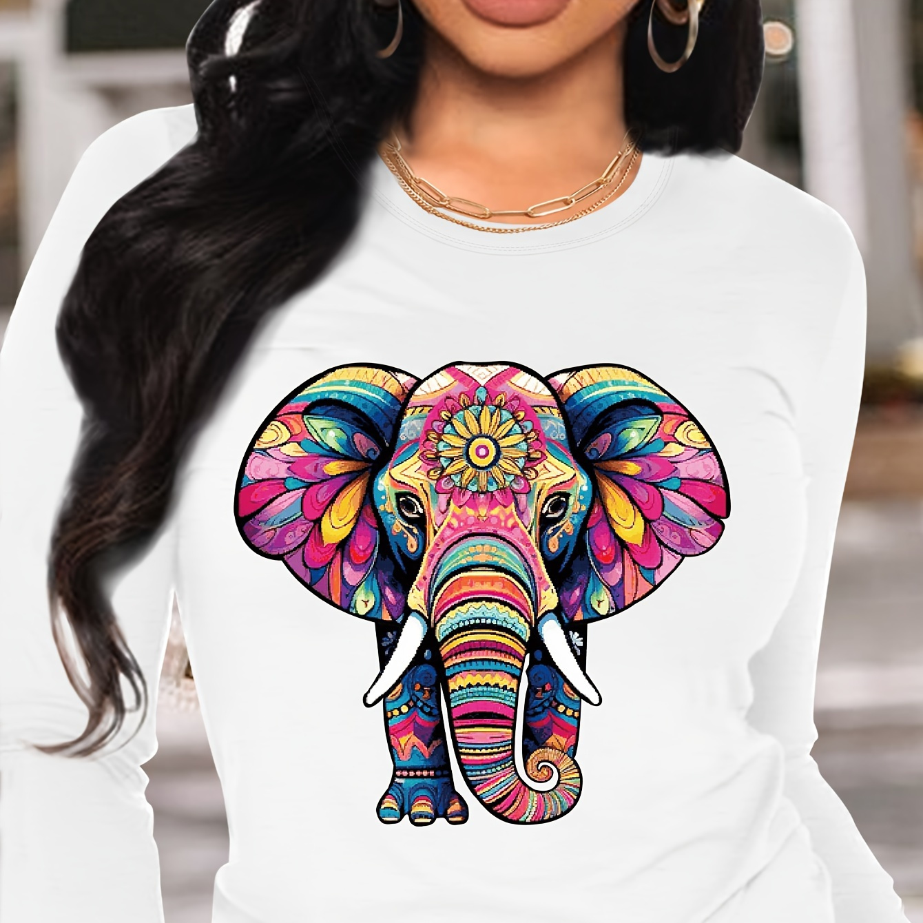 

Elephant Print T-shirt, Long Sleeve Crew Neck Casual Top For Spring & Fall, Women's Clothing