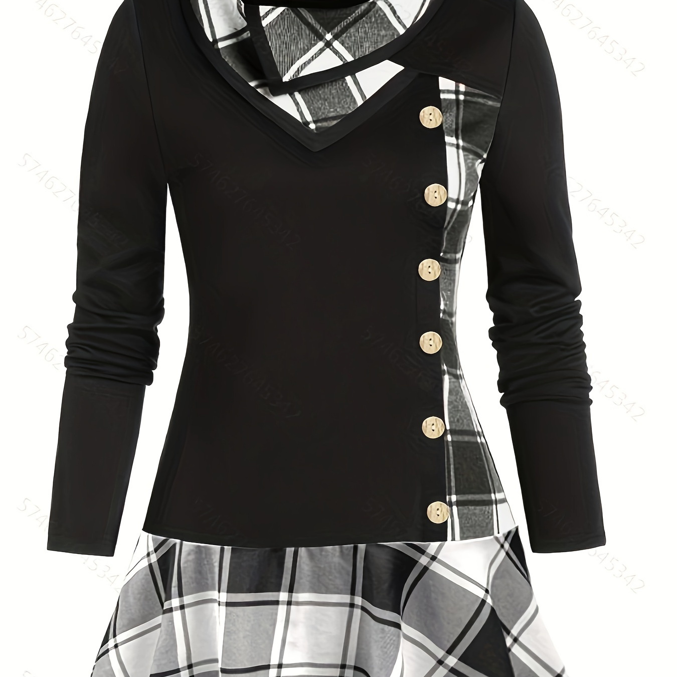 

Plus Size Overlapping Lapel Long Sleeve Single Breasted Plaid Patchwork Tops, Women's Plus Medium Stretch Casual Tops