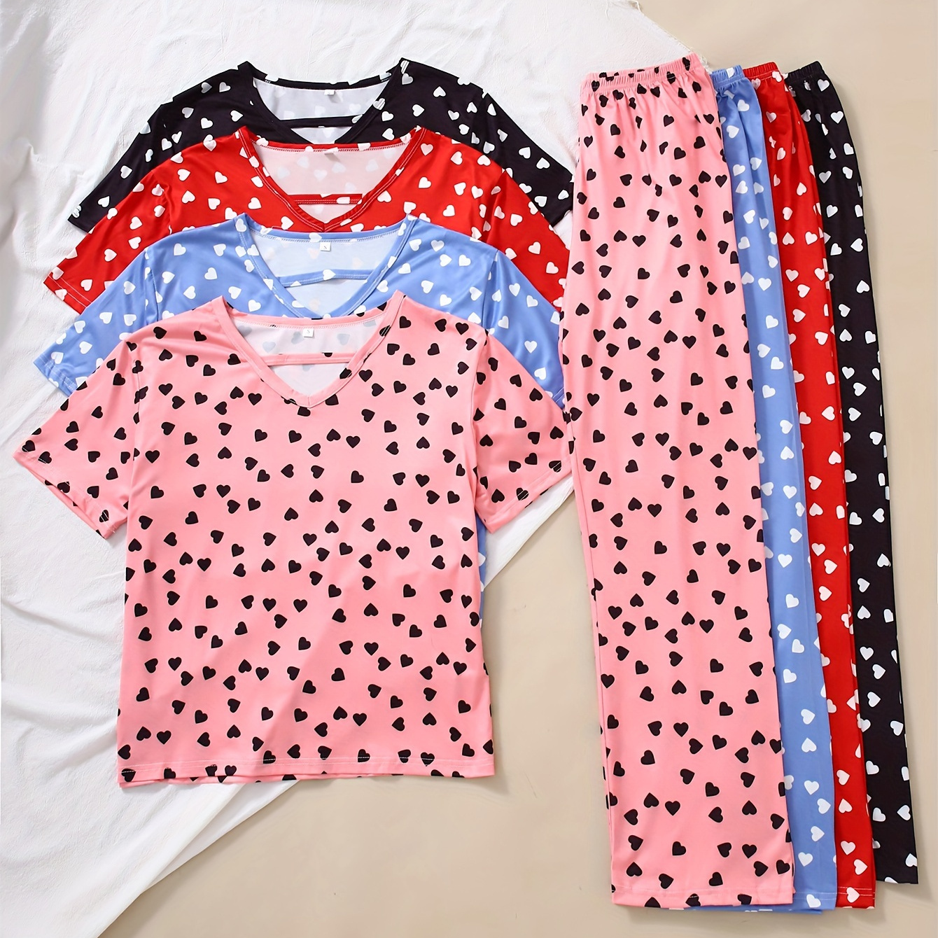 

4 Sets Women's Heart Pajama Set, Short Sleeve Round Neck Top & Pants, Comfortable Relaxed Fit