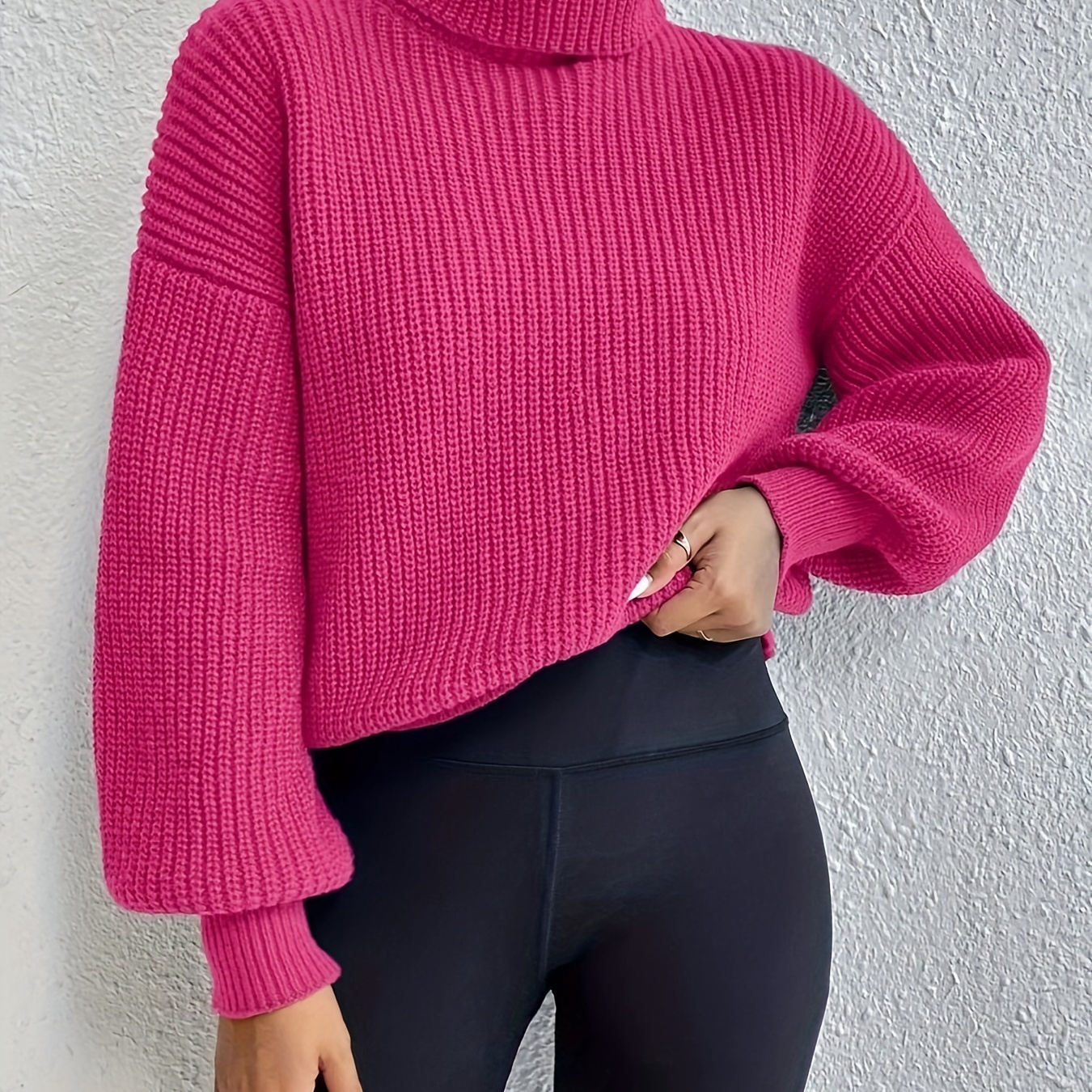 

Turtle Neck Drop Shoulder Sweater, Elegant Lantern Sleeve Solid Color Sweater For Fall & Winter, Women's Clothing