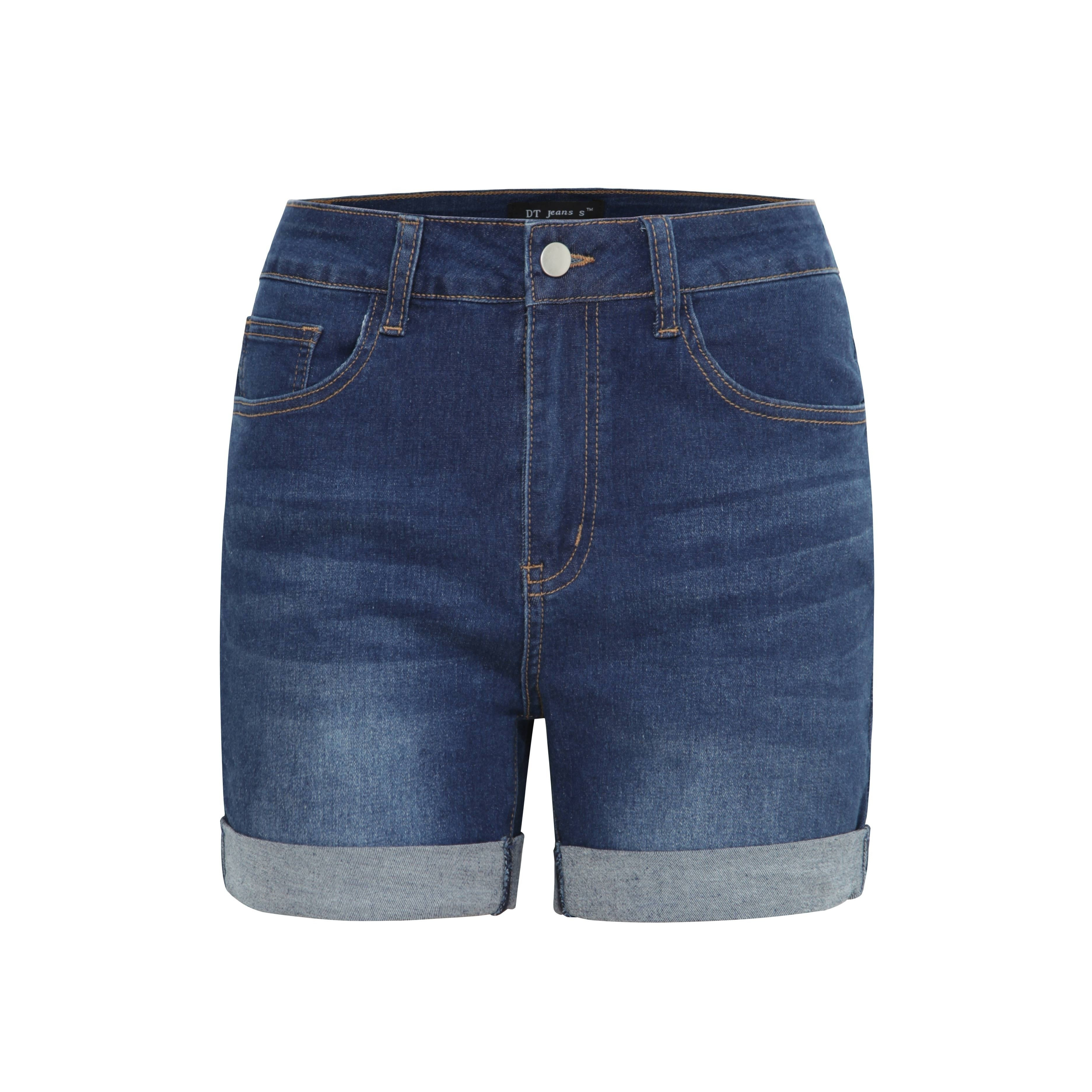 

Blue Rolled Hem Denim Shorts, Slim Fit Slash Pockets Mid-stretch Short Denim Pants, Women's Denim Jeans & Clothing