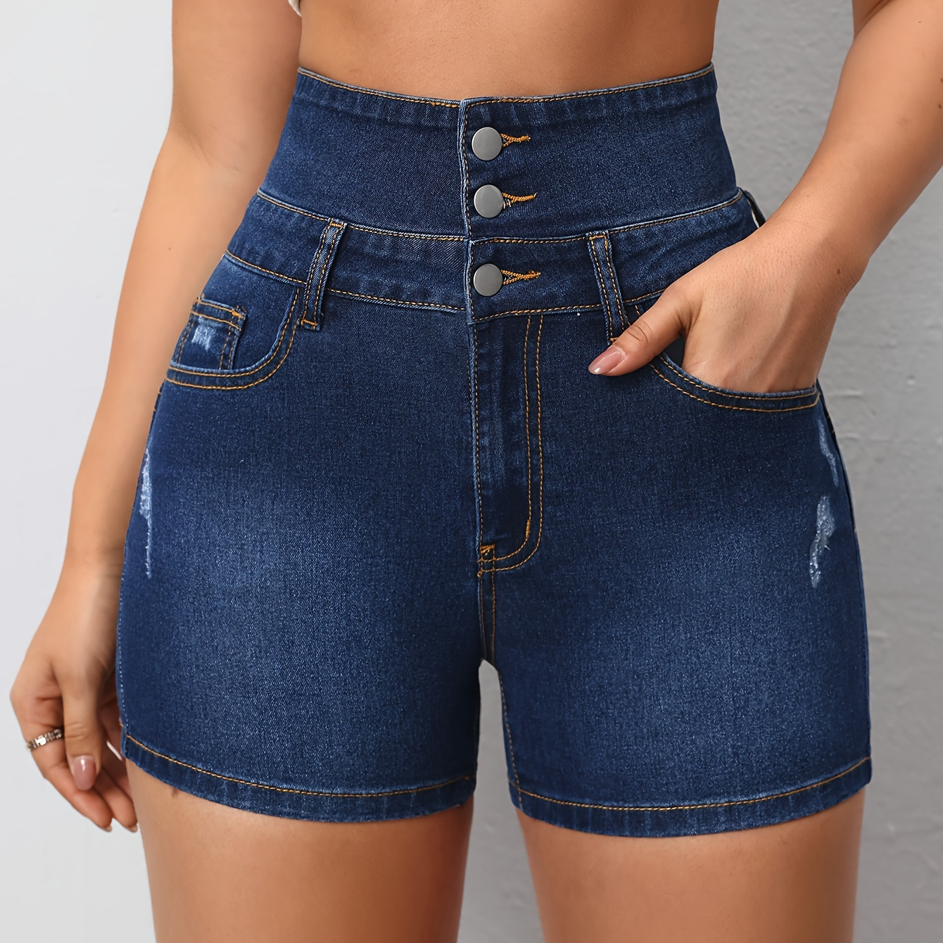 

Single-breasted Ripped Denim Shorts, Plain High Rise Denim Shorts, Women's Denim Jeans & Clothing