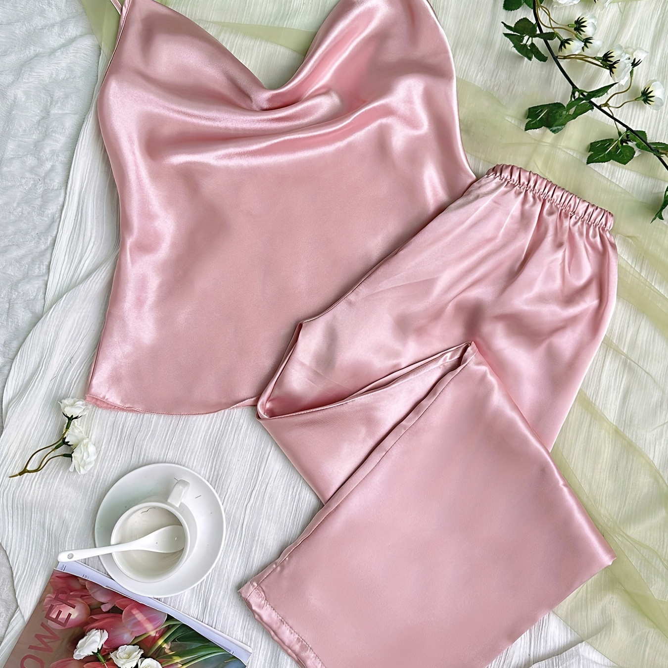 Solid Satin Pajama Set V Neck Cami Top Elastic Waistband - Temu