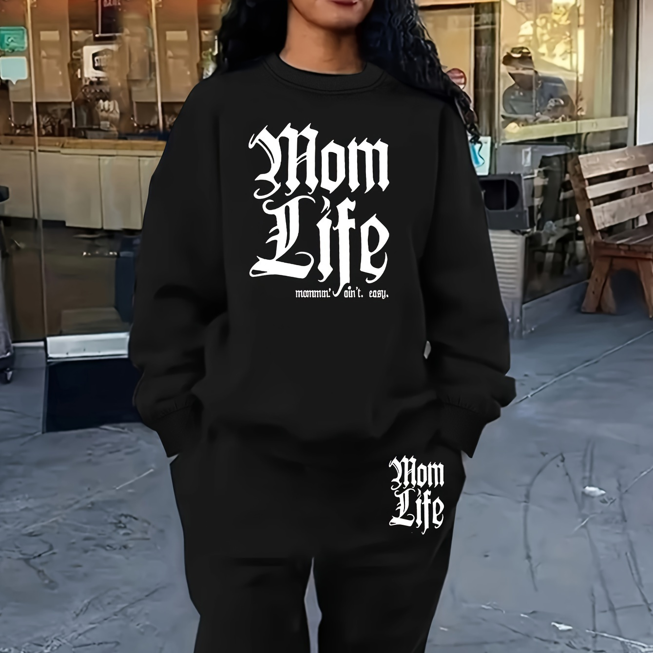 

Sweatshirt & Set - Polyester, , Round , Drawstring Waist, Fall/