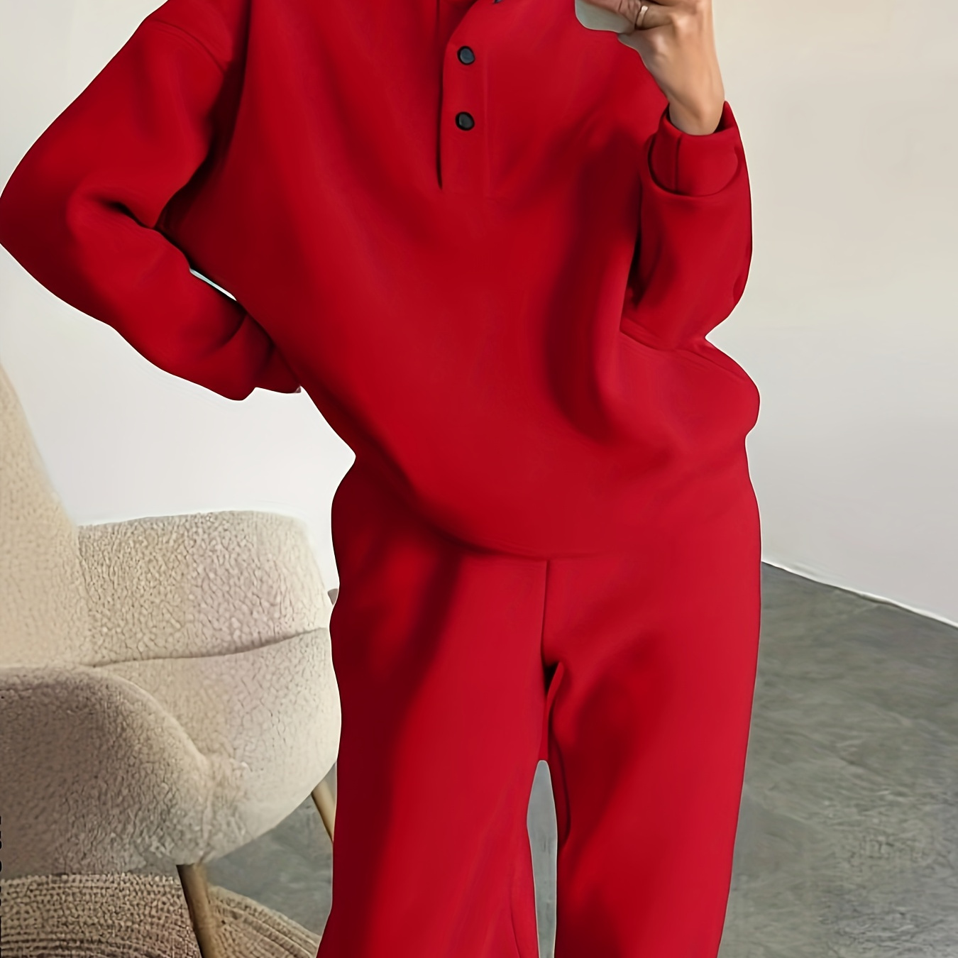 

Button Solid Color Stylish Set, Long Sleeve Turtle Neck Sweatshirt & Slant Pocket Rolled Hem Pants, Women's Clothing