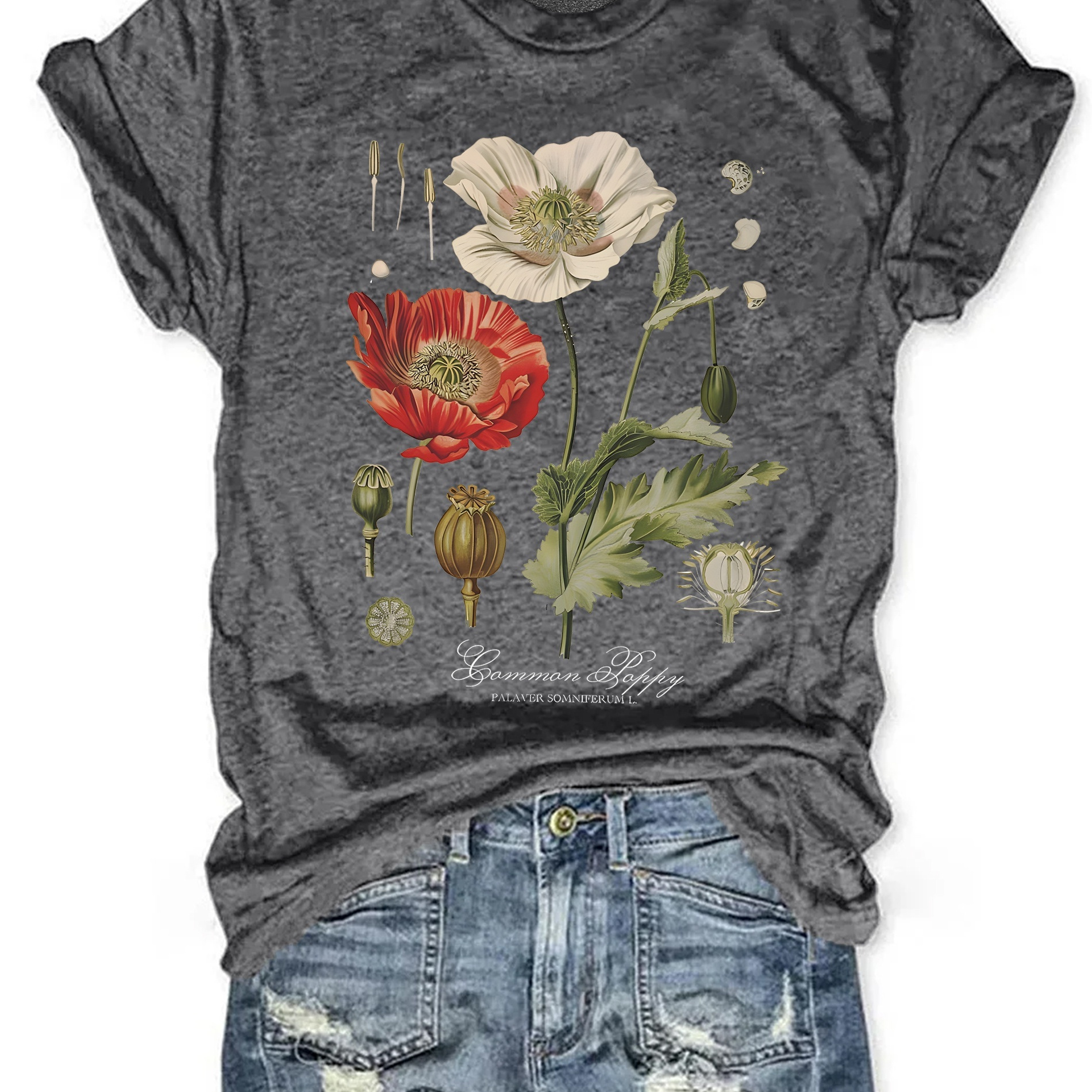 

T-shirt À Imprimé Floral, Haut Décontracté À Manches Courtes Et Col Rond Pour Le Printemps Et L'été, Vêtements Pour Femmes